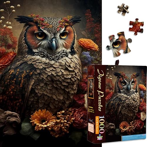 Ingooood Rompecabezas de búho para adultos, 1000 piezas, serie de búhos, diseño de búho con flores, arte desafiante para aliviar el estrés y