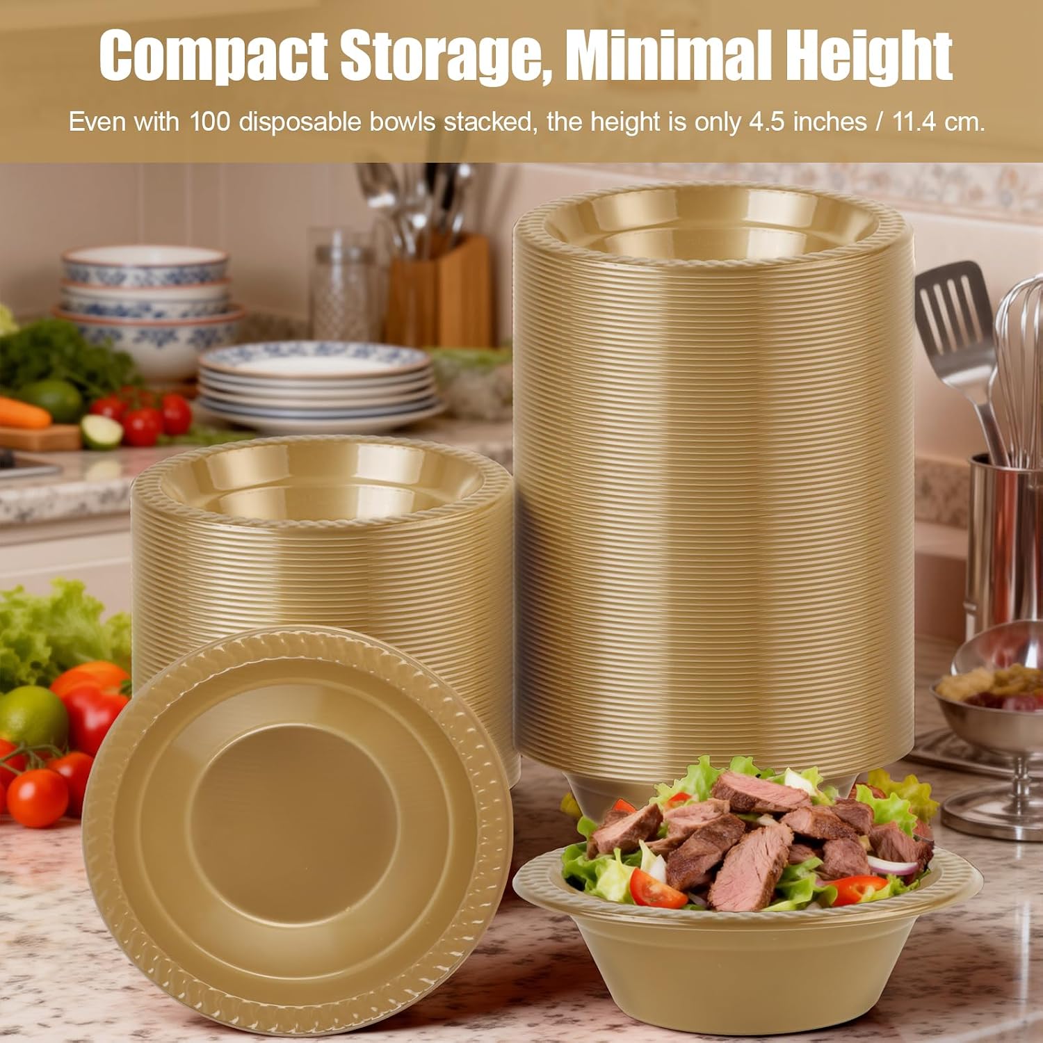 100 Pcs 12oz Golden Disposable Plastic Bowls Perfect for Mother's Day Party, Ice Cream, Salad, Dessert, Picnic, Snacks, Soup Serving Cups(Golden)