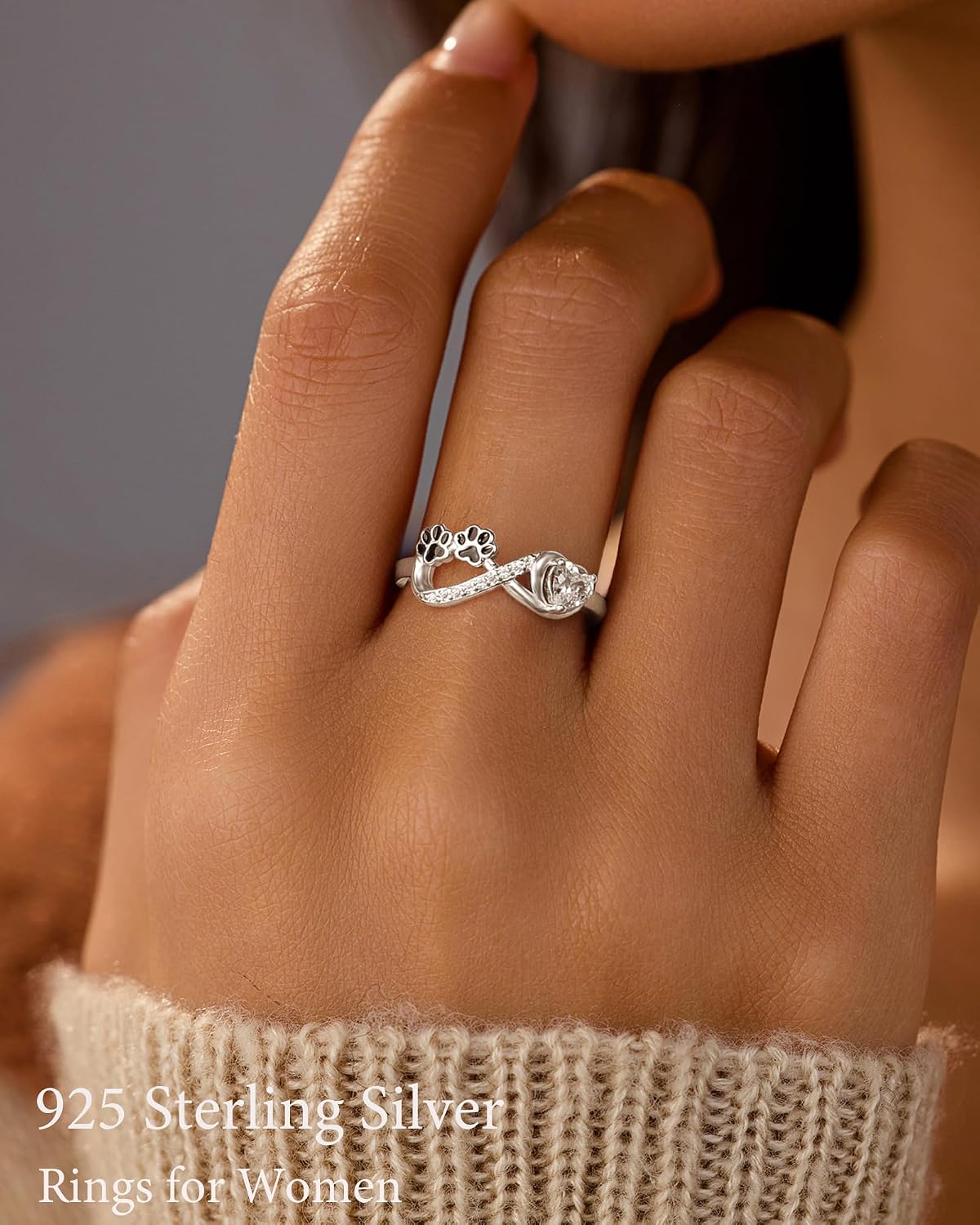 LOVECOM 925 Sterling Silver Dog Cat Paw Print Rings for Women