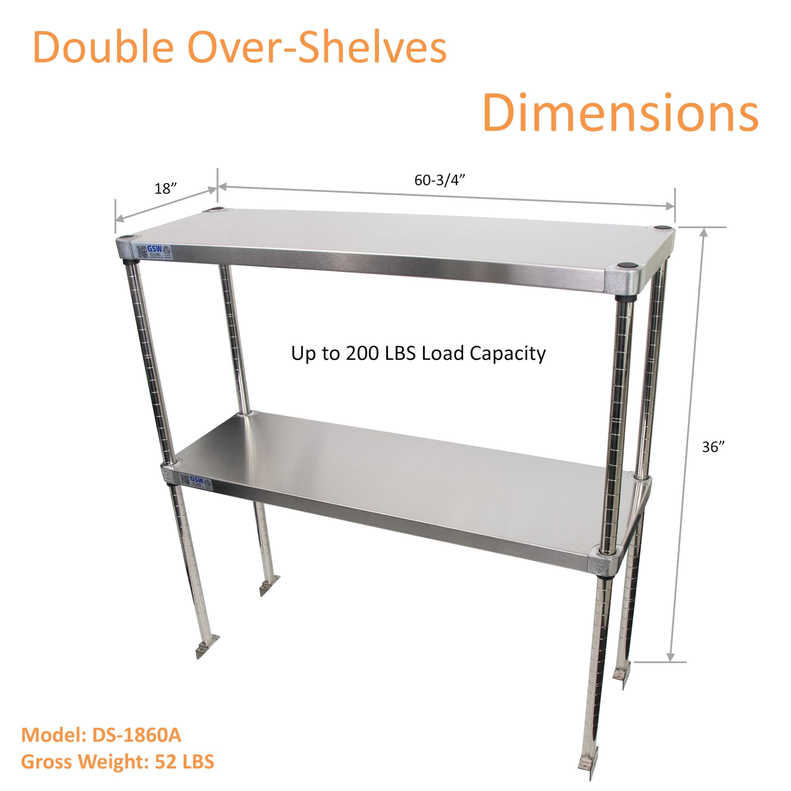 GSW DS-1860A Commercial Stainless Steel Adjustable Height Double Tier Over-Shelves for Prep & Work Table, Cold Table, Restaurant Kitchen, 18