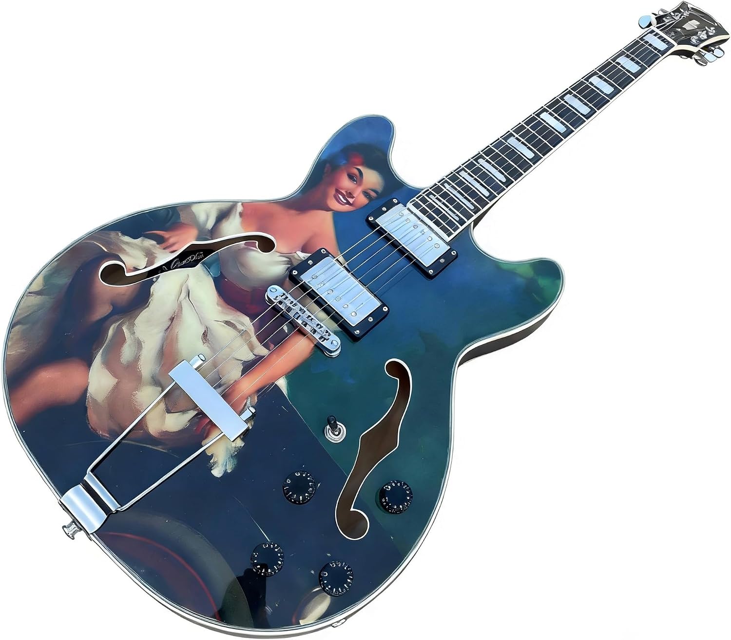 Vintage Style Semi-Hollow Electric Guitar, Custom Artwork Design, Double Cutaway Body, Blue