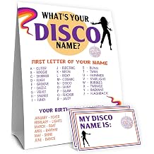 Whats Your Disco Name Game Sign, Retro 70s Party Decorations,Interactive Tabletop Decor for Adults,Double Sided Sign with 30 Name Stickers,Suitable for Disco Dance and Birthday Parties