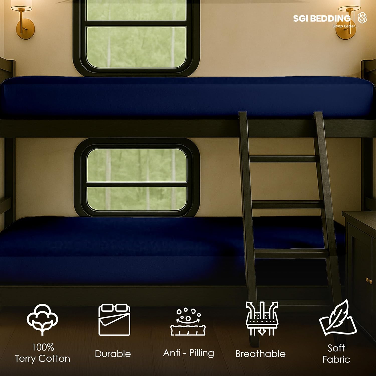 SGI bedding RV Bunk Mattress Protector 42X80 Truck Sleeper Super Soft Waterproof & Breathable Terry Cotton Mattress Protector for RV Bunks & Truck Sleepers-Perfectly Fitted Upto 15" Deep -Navy Blue