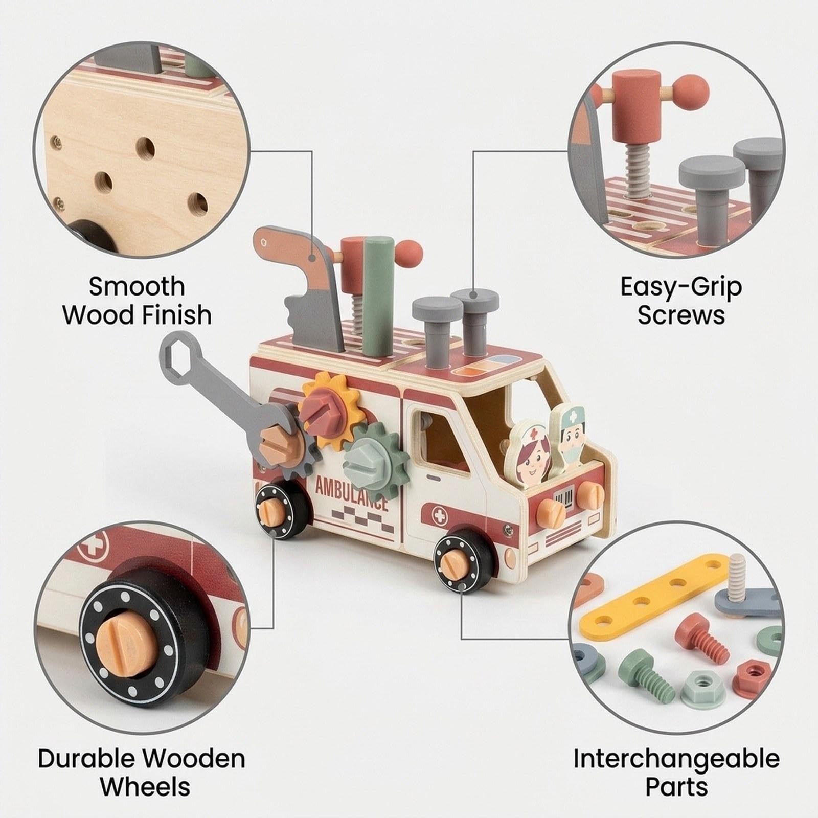 Kinderwerkzeugset, Pädagogisches Konstruktionsspielzeug Aus Holz, Werkzeugset für Kinder, Jungen Und Mädchen, Krankenwagen