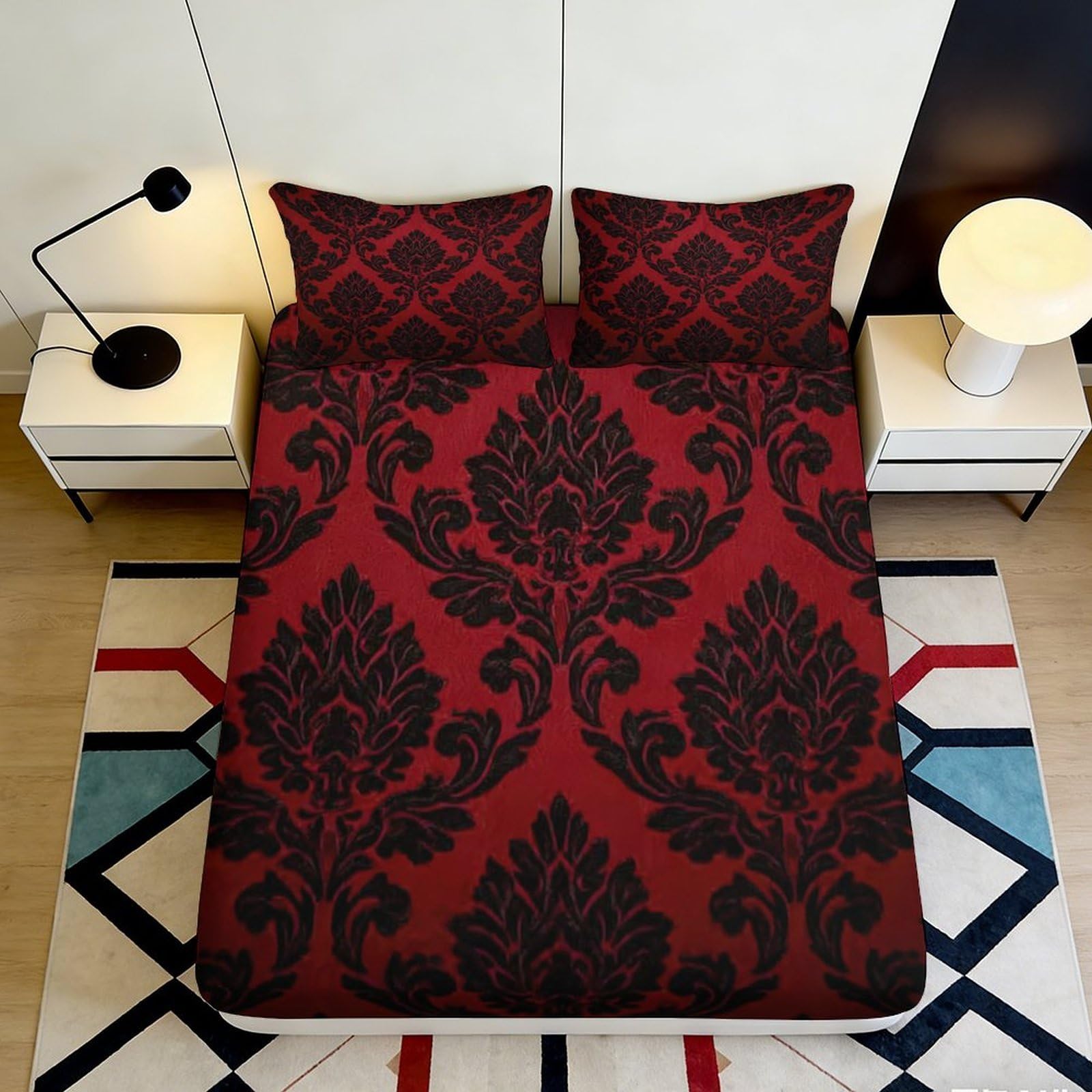 3D Printed Baroque Red Damask Fitted Sheet Microfiber Soft Non Slip Mattress Cover for Bedroom Guest Room Decor 120x200x25cm