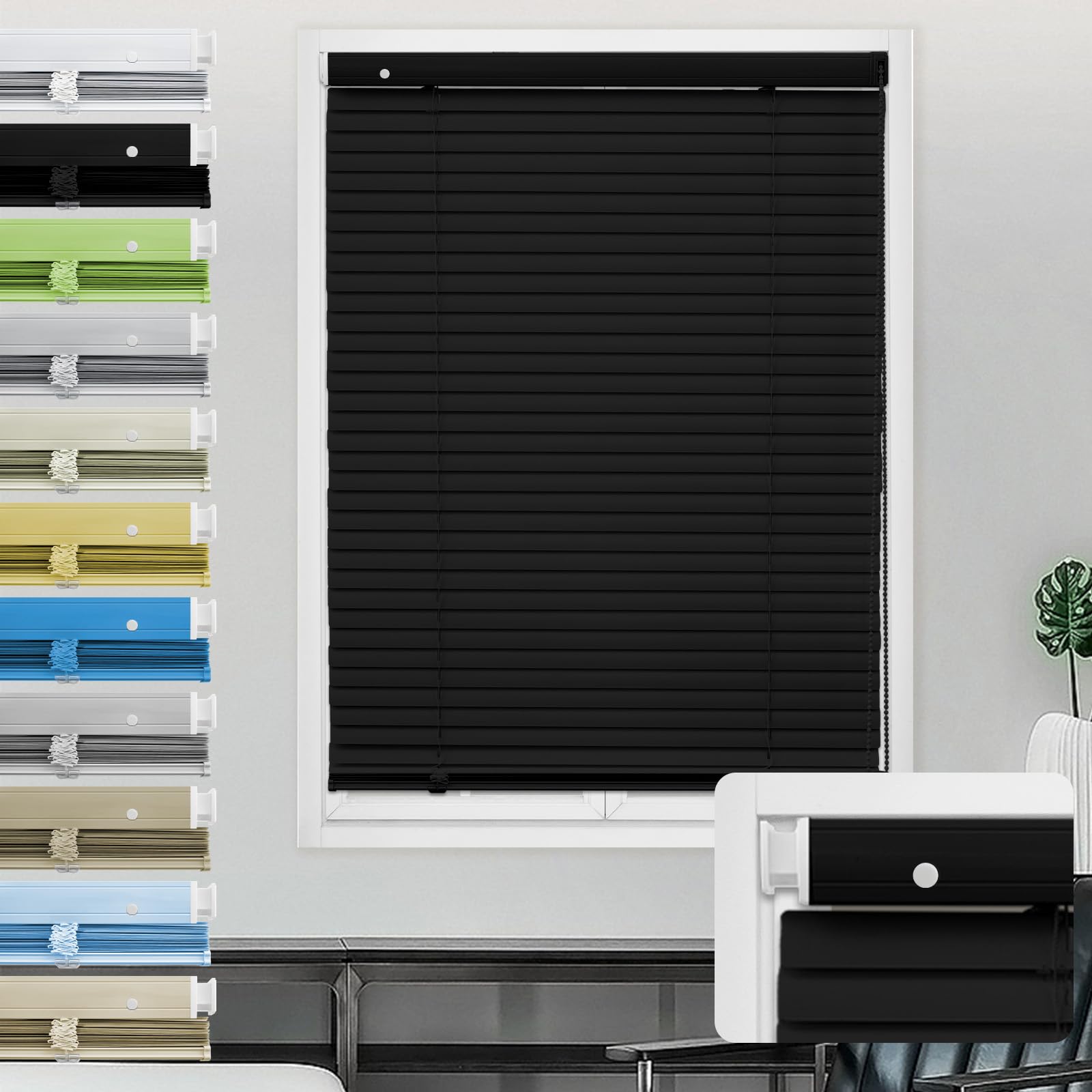 Moonice Aluminum Venetian Blinds No Drill No Tools Window Venetian Blind Color-Matched Horizontal Shade 25mm Slats Waterproof Shades for Office Home Interior Door (Black,60cm W x 150cm H)