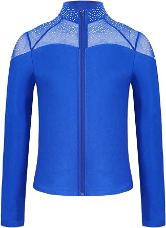 Girls Figure Skating Coat Training Wear Long Sleeve Mesh Patchwork Zipper Sweatshirt Child Skating Jacket