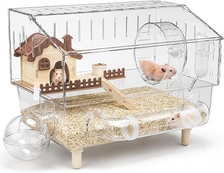 Acrylic Hamster Cage with All Accessories,45 * 28 * 34cm Large 2-Layer Gerbil Cages with Full Transparent Viewing Top Open Dwarf Hamster Cage with  17cm Wheel,Hamster House Enclosure Little House
