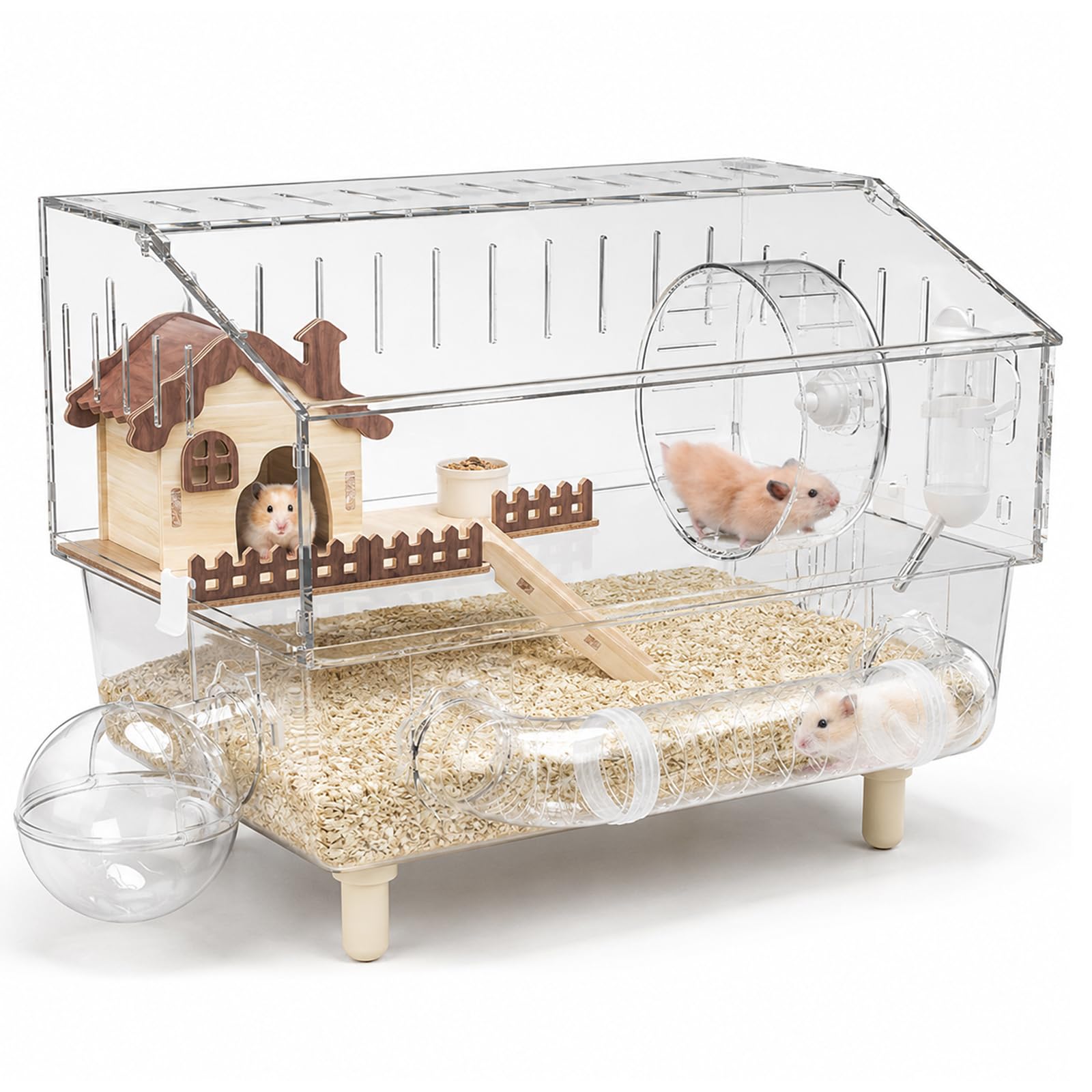 Acrylic Hamster Cage with Accessories, Large Transparent Top Opening Gerbil Cage with Silent Wheel, Platform, Tunnel & Wooden House, Small Animal Habitat 45 x 28 x 34 cm