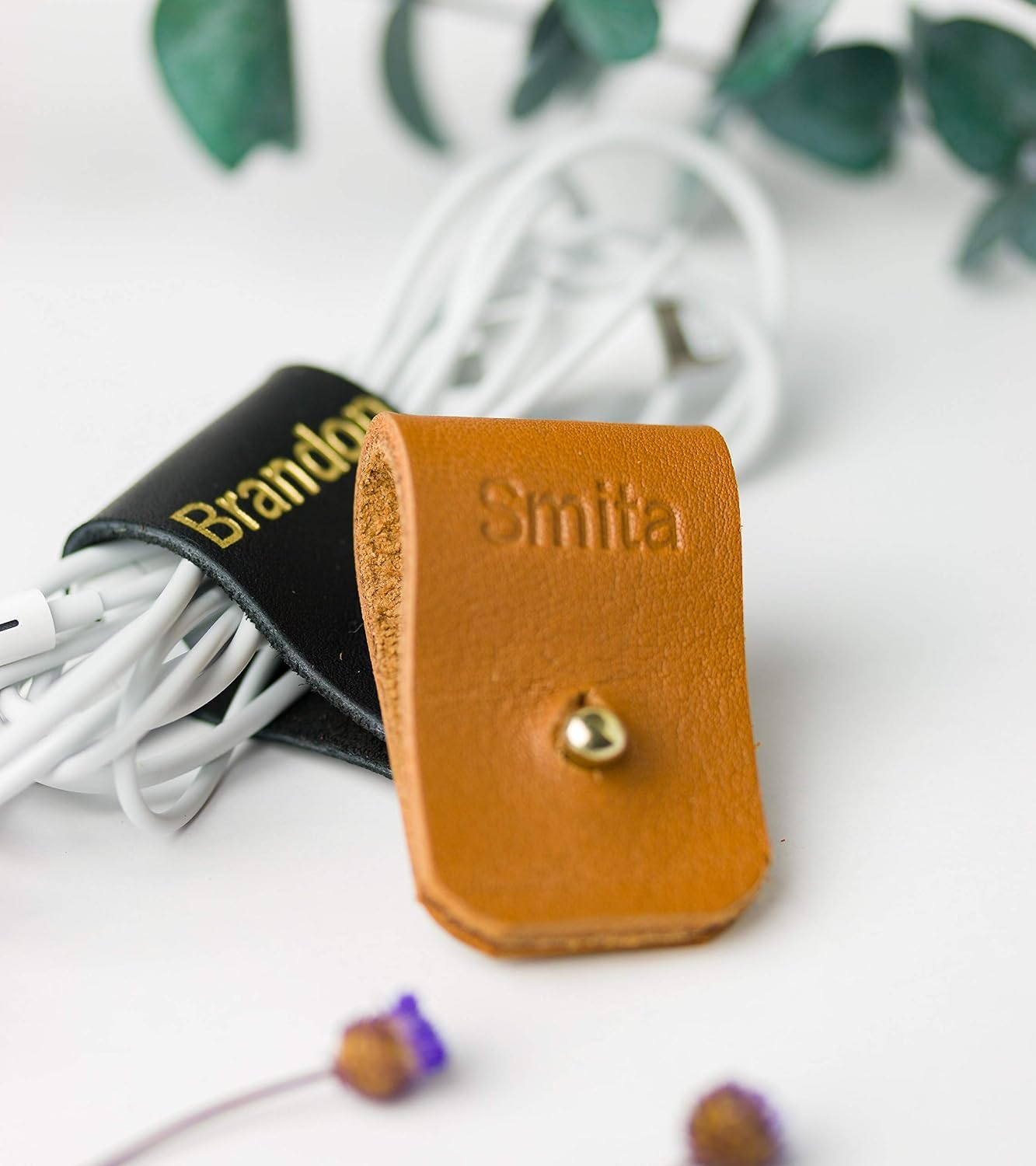 KEYAIIRA - Set of 3 Personalized Leather Cable Cord Holders with Gold Closure - Laptop Charging Cord Keeper, Earbud Wire Organizer Customized Monogram Gift tech, Stocking Stuffer, Travel Accessories