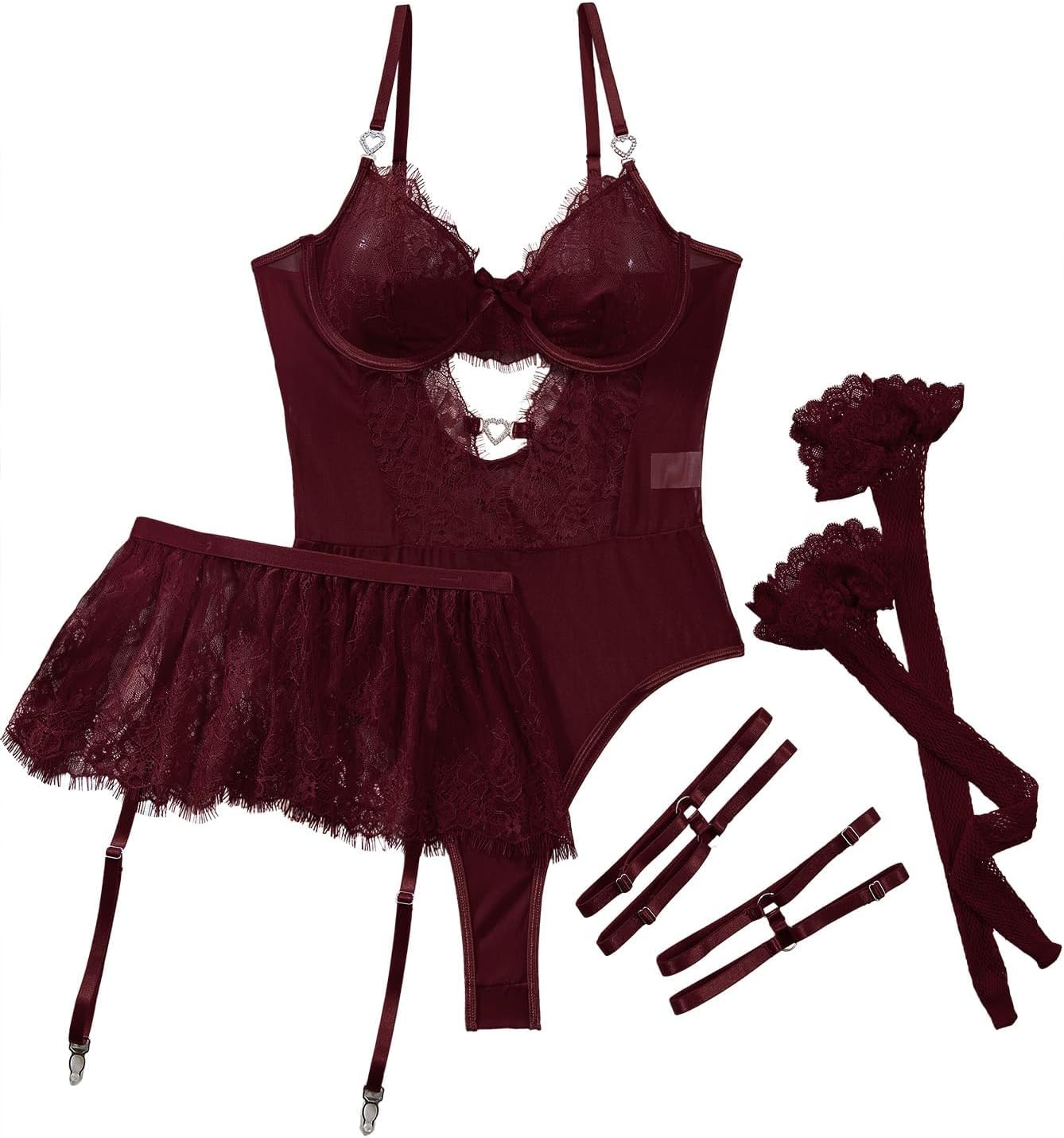 Lilosy Sexy Stocking Rhinestones Heart Garter Underwire Floral Mesh lace Sheer Babydoll Lingerie Teddy Bodysuit Skirt Set - Image 4