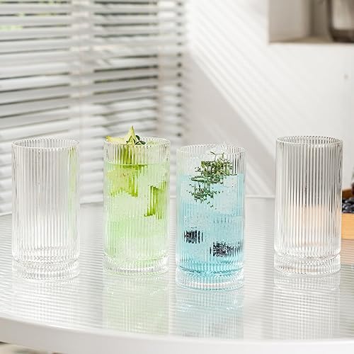 Miniatura 3 de Juego de 6 vasos vintage para beber, cristalería acanalada de 16 onzas, vasos altos estilo origami, cristalería acanalada para cóctel, vasos de