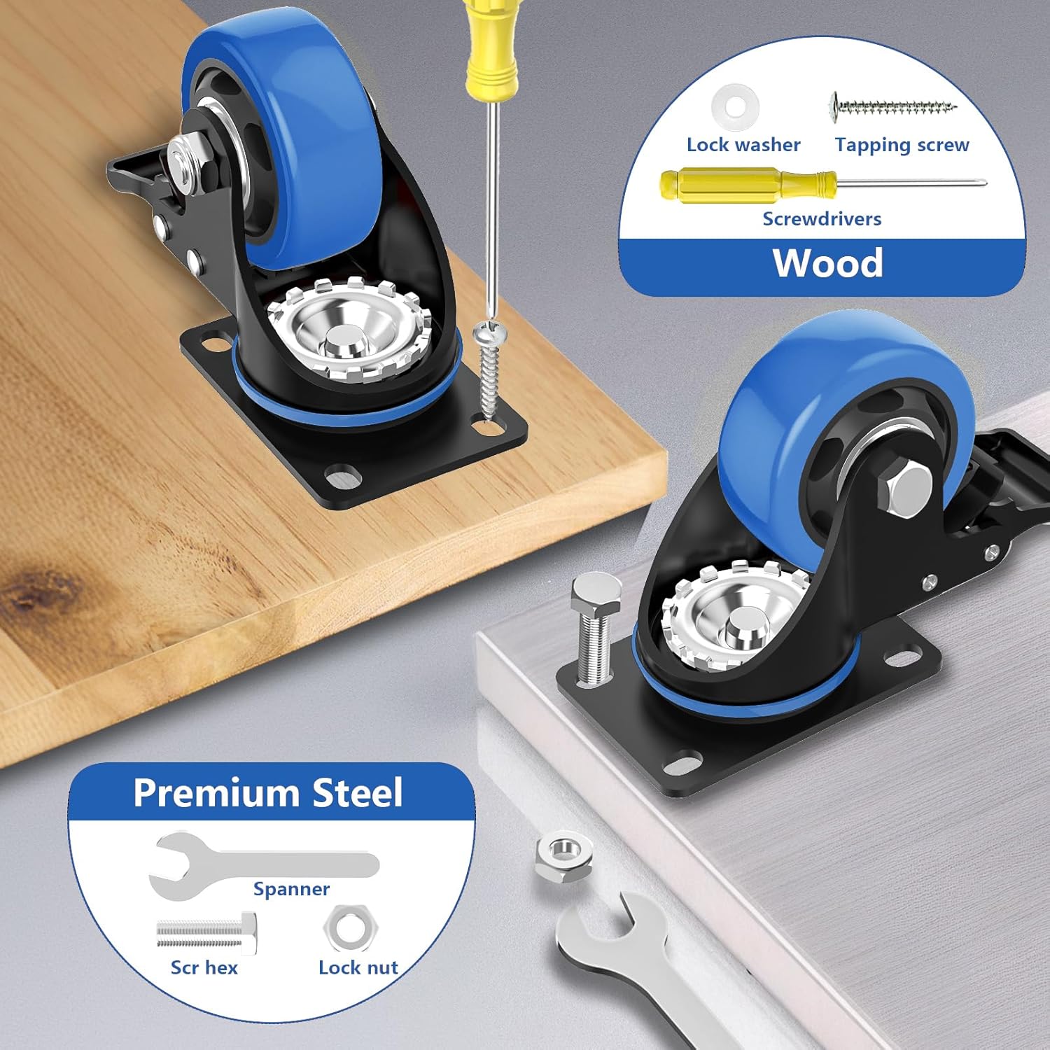 3 Inch Caster Wheels,Swivel Casters Set of 4 Heavy Duty with Safety Dual Locking,Plate Casters with Double Ball Bearings, Industrial Castor Wheels for Furniture,Workbench(Free Hardware Kits)