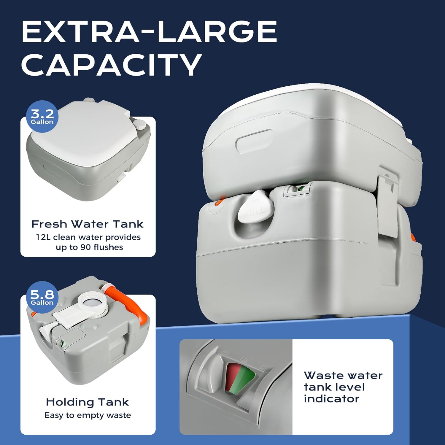 5.8-Gallon Portable Toilet: Detachable Waste Tank, Sealing Slide Valve, Carry Handle, Level Indicator - Leak-Proof and Compact for Camping, RV, Boat, and Travel