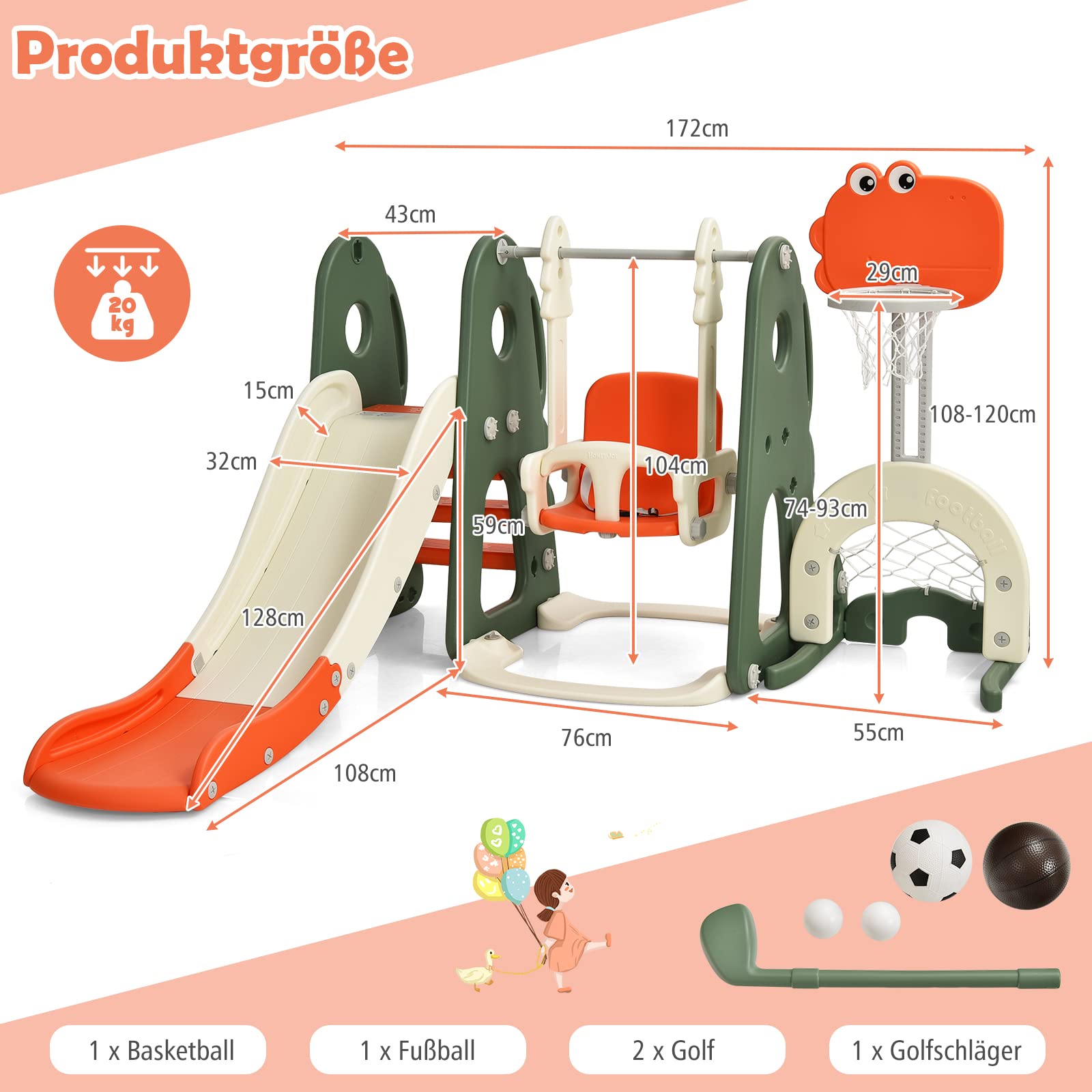 GOPLUS 6 in 1 Kinderrutsche mit Schaukel, Spielzeugrutsche mit Kletterleiter, Höhenverstellbarem Basketballkorb, Fußballtor & Golf, Indoor & Outdoor Spielplatz für Kinder von 3-8 Jahren (Orange)
