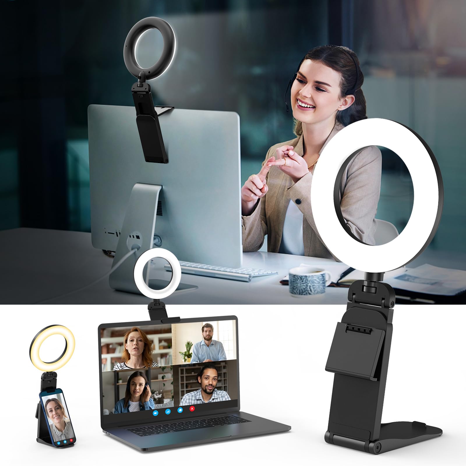 Upgrade Ringlicht Laptop Handy PC 5” Videokonferenz Licht,Evershop Ringleuchte Ringlampe mit Stativ&Handyhalter 3 Lichtfarben+10 Helligkeiten 360°Drehbar Beleuchtung für Homeoffice,YouTube,TikTok