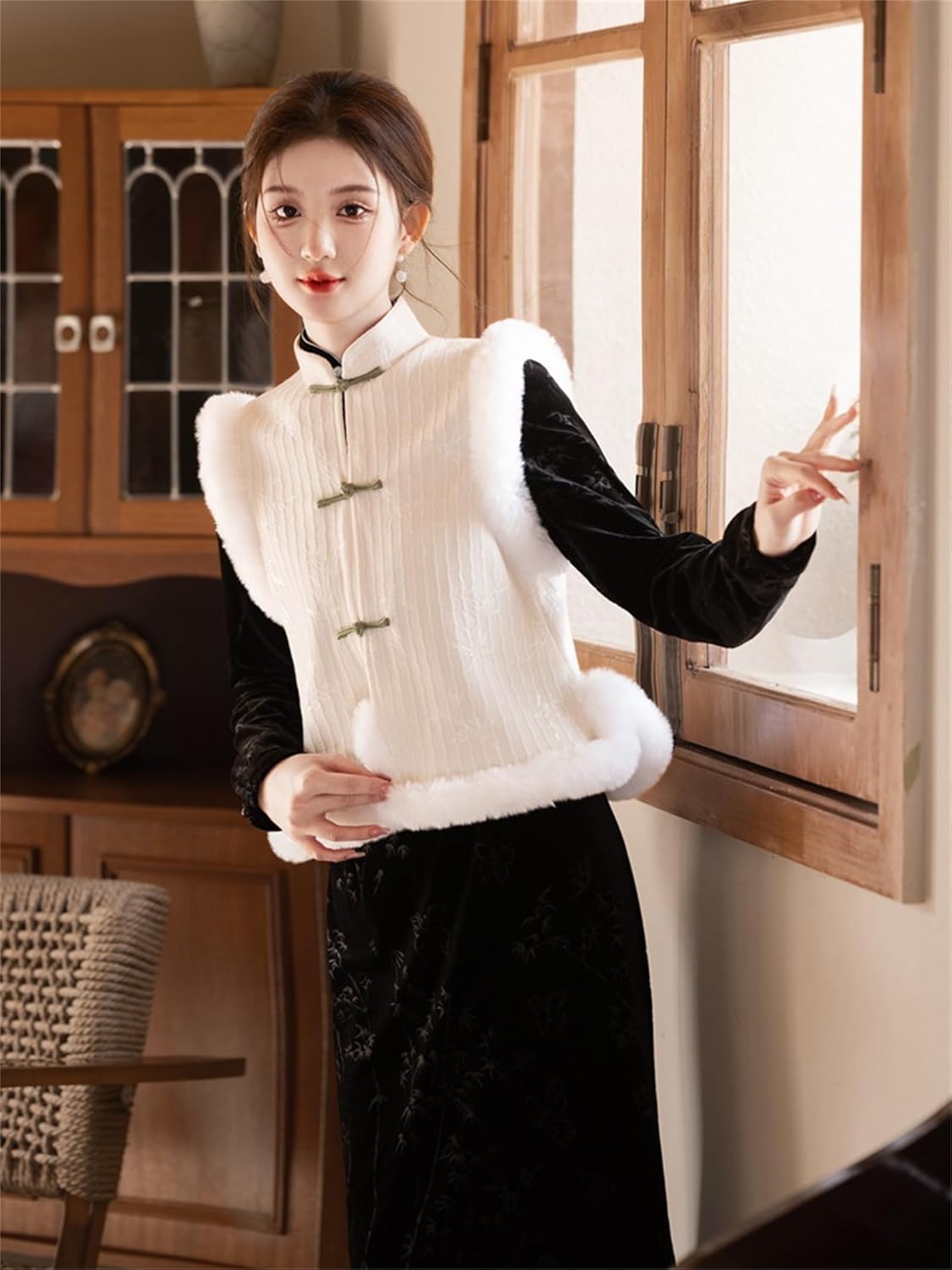 [ＴＡＩＴＥＮＧ] チャイナ風ベスト ファー 裏起毛 チャイナボタン レディース 竹柄 厚手 チョッキ 重ね着風 漢服 秋 冬 ゆっ