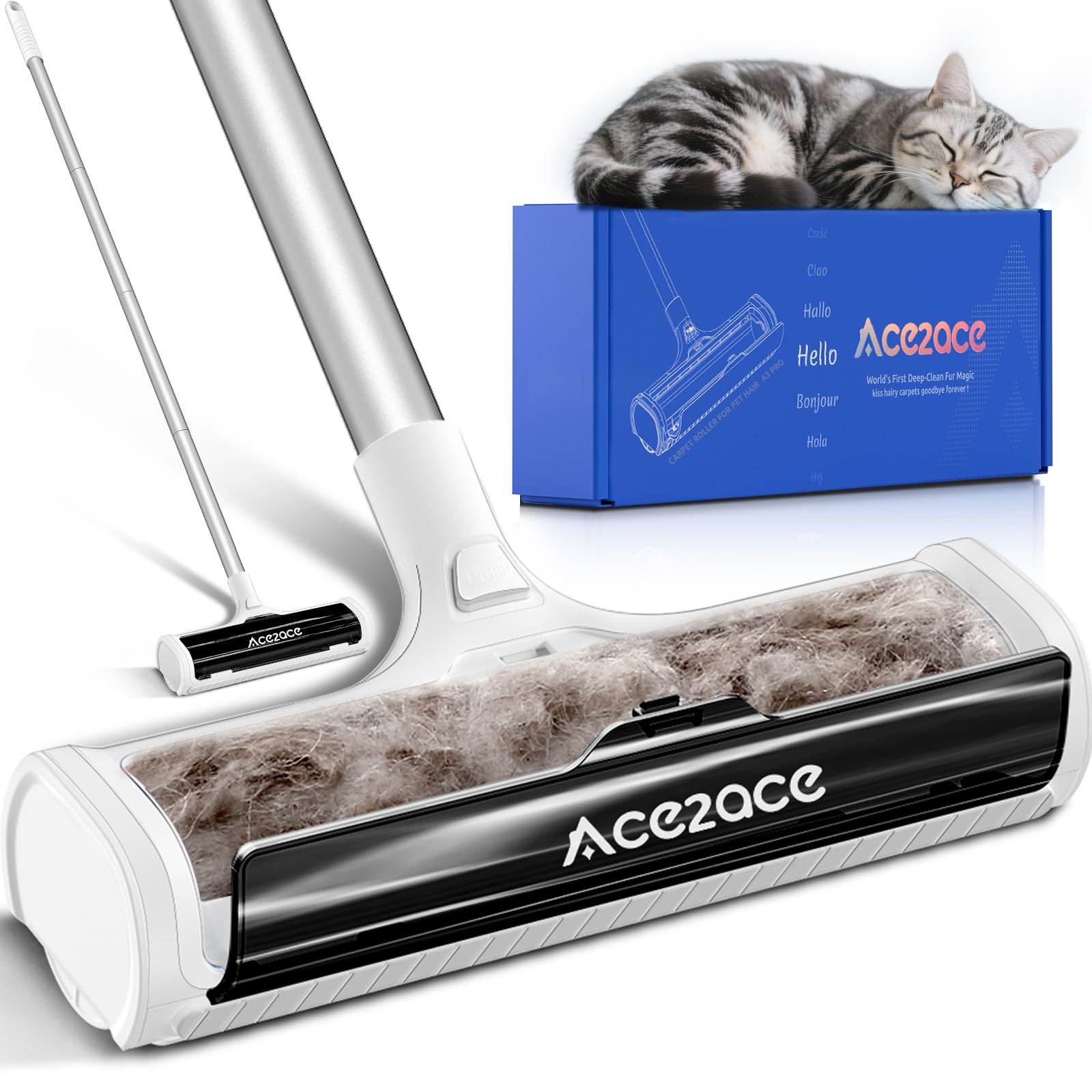 ACE2ACE Carpet Rake for Pet Hair Remover Tool, Reusable Carpet Roller for Pet Hair Large Lint Rollers, 1.5M Long Handle, Cat Dog Hair Remover for Carpet, Rugs, Mats