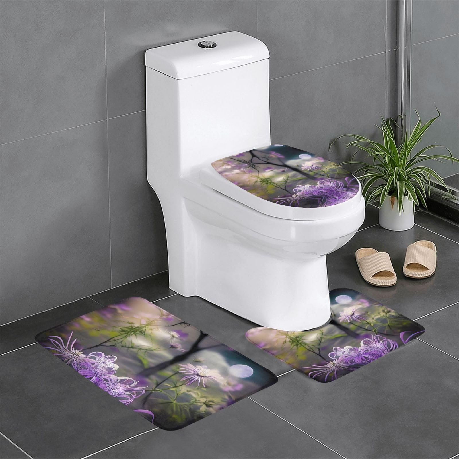 Tapis de bain violet à fleurs : lot de 3 tapis antidérapants 61x40 cm