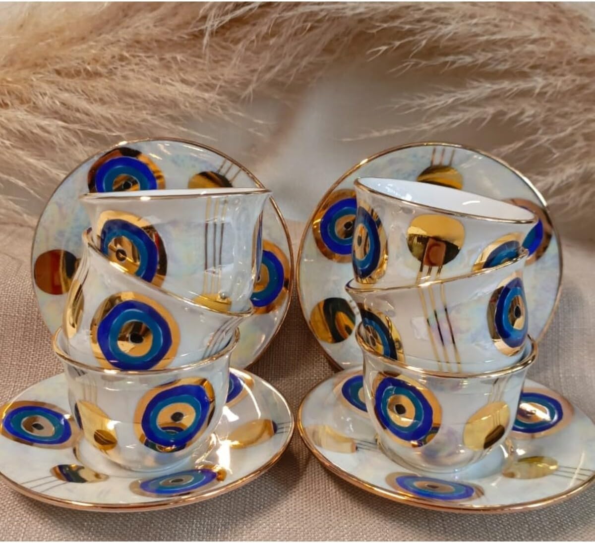 SODEF Mirra Coffee Cup Set, Porcelain Hand Painted, Turkish Coffee Set, 6 Person, Colorful Evil Eye Design, Traditional Style, 70ml Cups - Multicolor, One Size