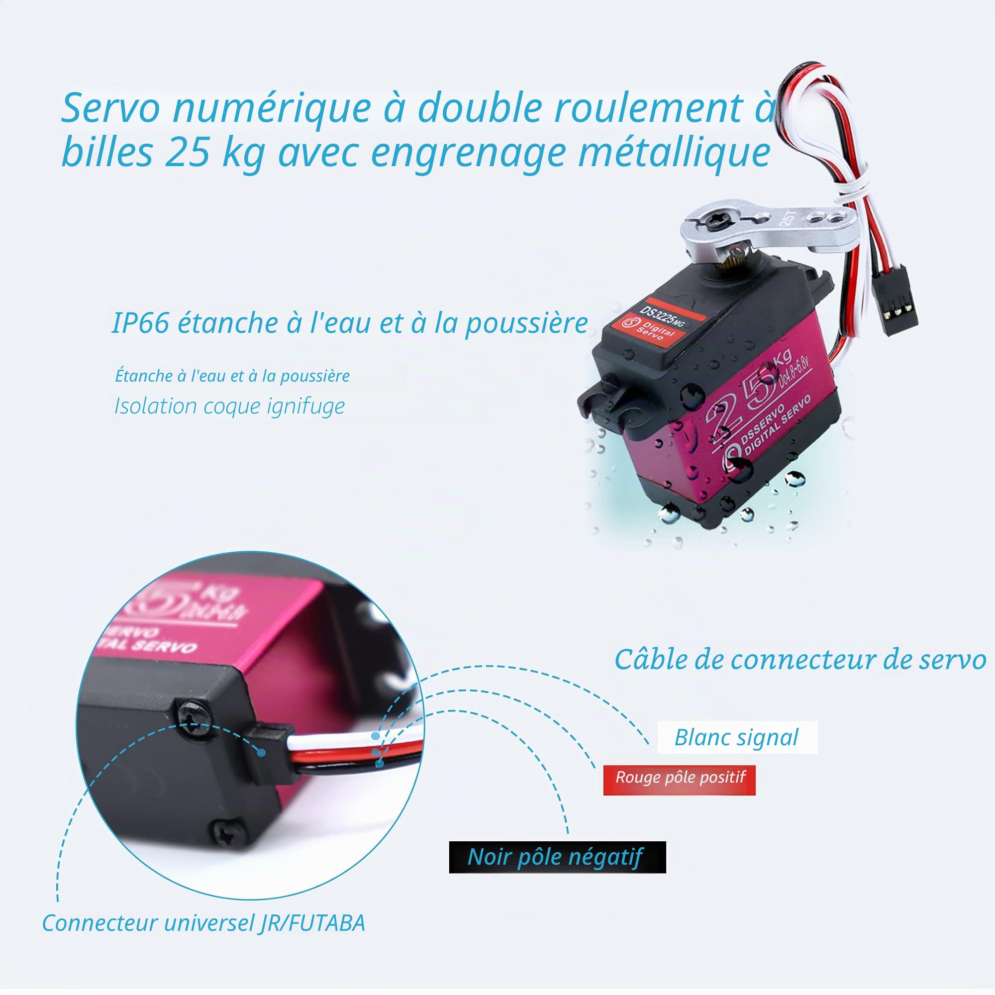 25kg Servo Numérique, Engrenage Entièrement en Métal Étanche à Couple élevé Servomoteur Angle de Direction 270° Convient pour RC Traxxas HSP RC Voiture Avion Navire Robot DIY (2pcs)