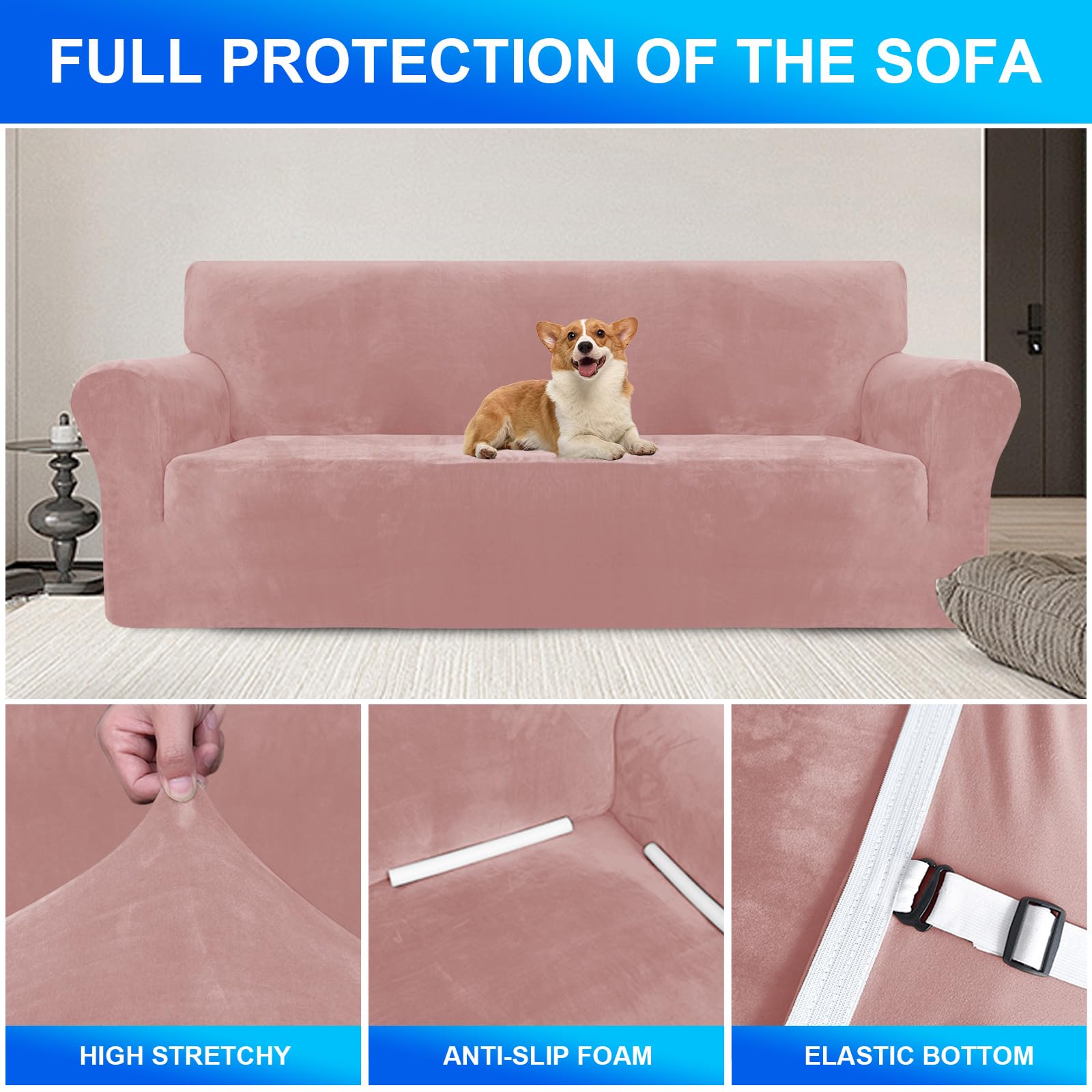 CYCMACO Copridivano Velluto Spesso 3 Posti, Universale Copridivani Elasticizzati, Copri Divani Antiscivolo, Moderno Sofa Cover Antigraffio, Fodera Divano Antimacchia Lavabile, Rosa