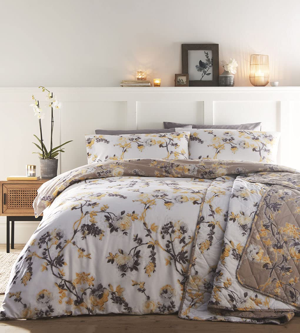 HOMEMAKER BEDDING ® Duvet set quilt cover & pillow cases ochre yellow blossom flowers (King)