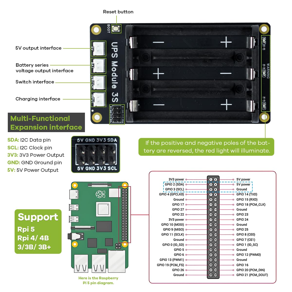 LAFVIN UPS Module 3S Uninterruptible Power Supply Module for Raspberry Pi/Jetson Nano Supports Charging and Power Output at The Same Time 3S & 5V 5A Output