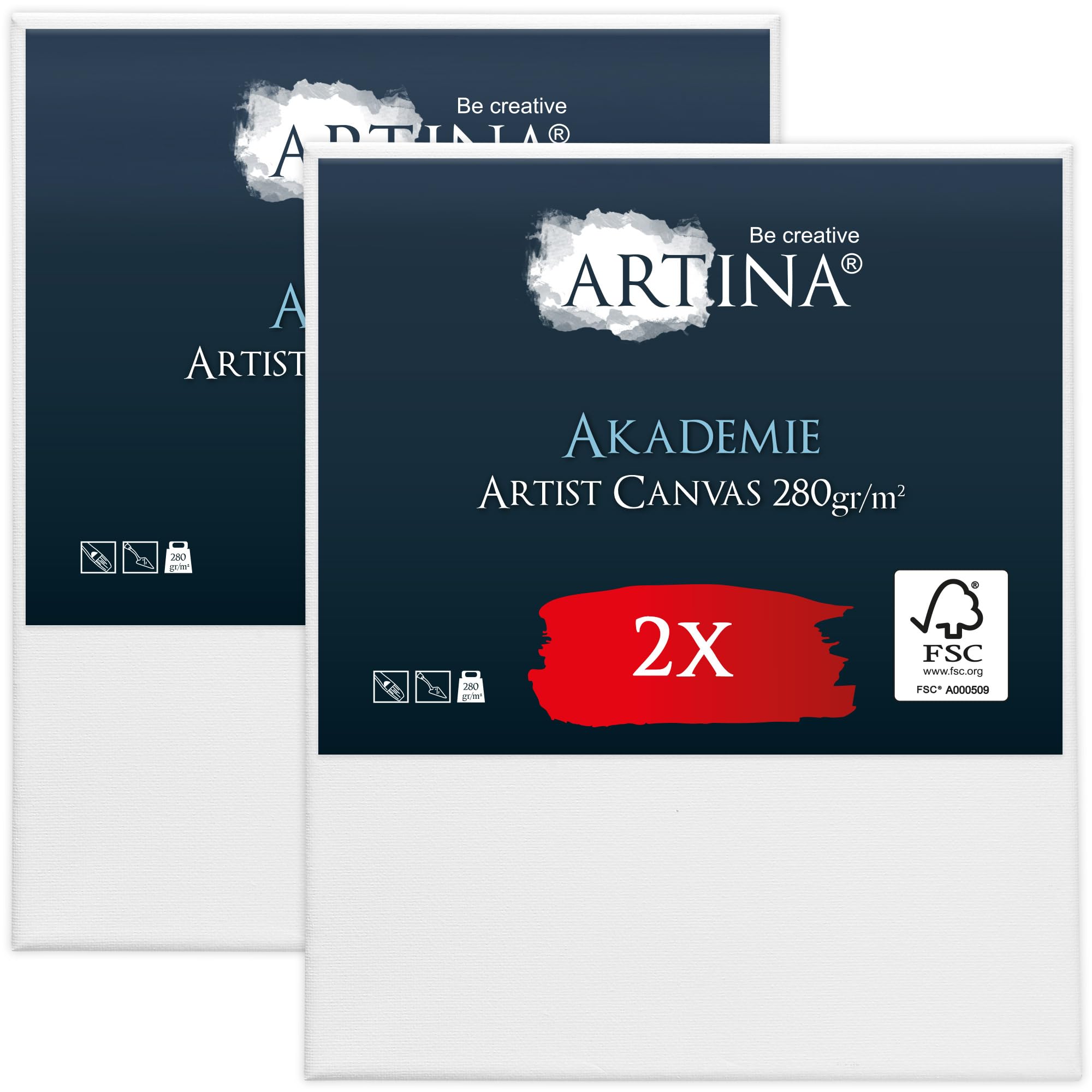 Artina FSC® Canvas for Painting 50x60 cm - 2pcs Blank Canvases for Art for Acrylic, Watercolour & Oil Painting - 100% Cotton Canvas Stretcher Frame 280 g/m² - Akademie
