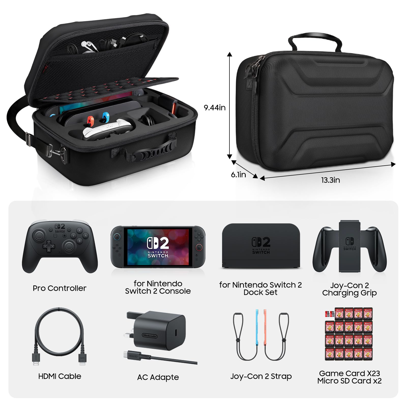 FINTIE Étui pour Nintendo Switch 2 (2025), [Tout-en-Un] Protection Intégrale Étui de Transport avec 23 Emplacements pour Cartes de Jeu, Coque pour Accessoires et Manette Pro, Noir