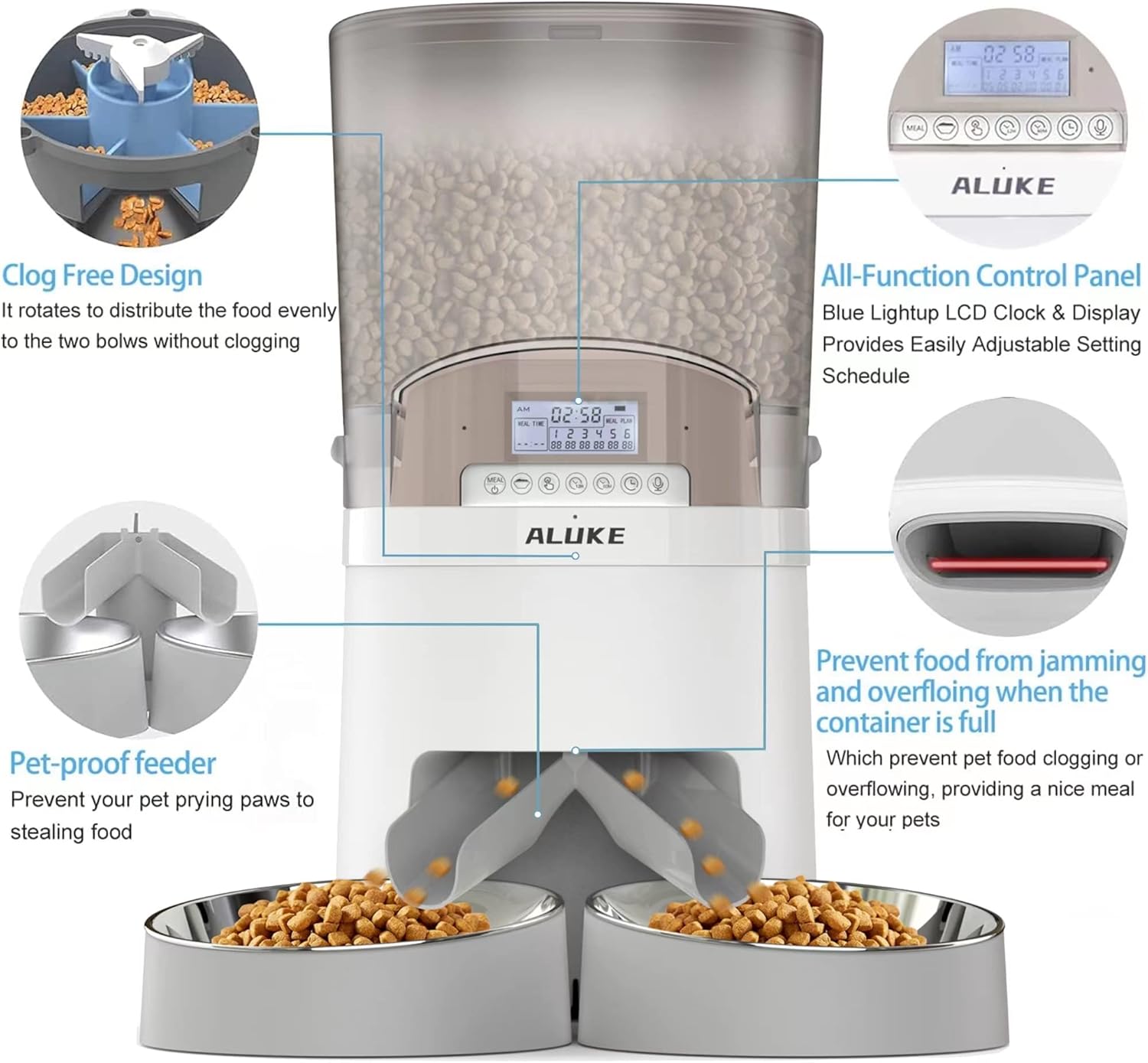 Automatic Cat Feeder for 2 Cats, ALUKE 6.5L Pet Feeder for Cats & Dogs Dry Food Dispenser with Desiccant Bag, Stainless Steel Bowls & Lock Lid, Dual Power Supply 10s Meal Call 6 Meals Per Day
