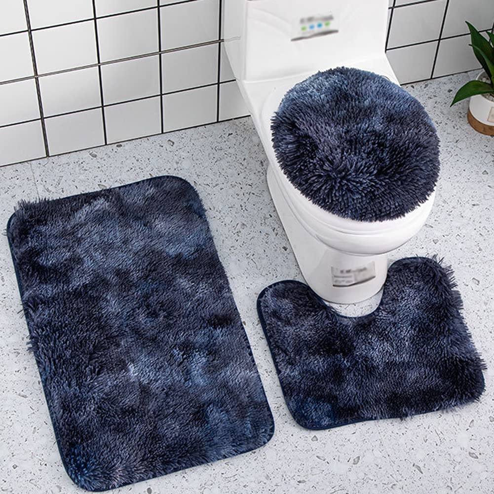 Reyox 3 Pieces Shaggy Bath Mat Set, Soft Absorbent Plush Microfiber Bathroom Rugs, Non Slip Bath Rugs Tie Dye Navy Blue 3 PCS