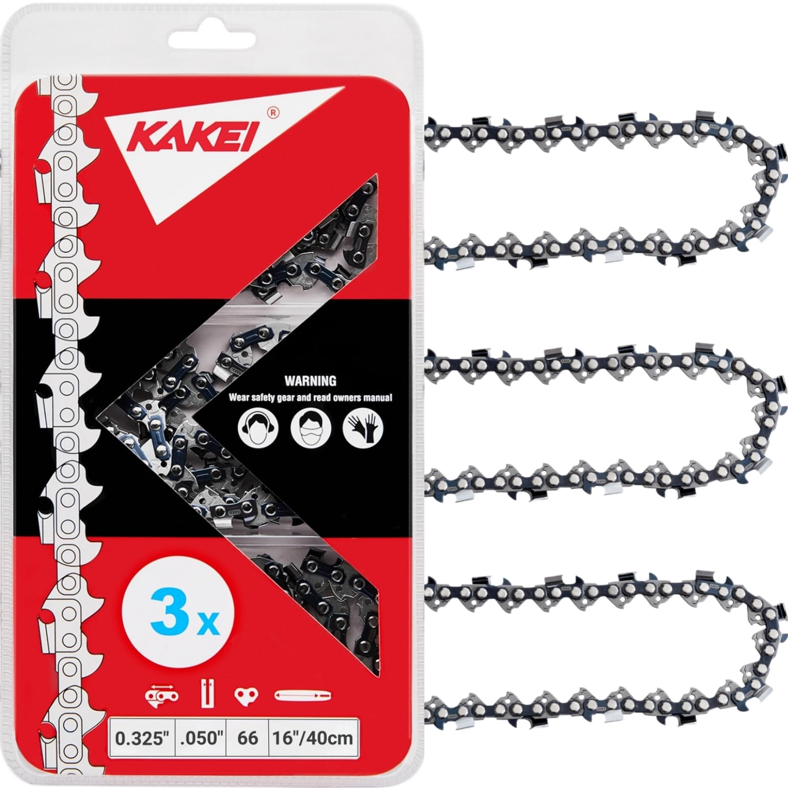 KAKEI Chainsaw Chain 16 Inch .325" Pitch .050" Gauge 66 Drive Links Fits Husqvarna 435, 430 and More (3 Chains) - Full Chisel