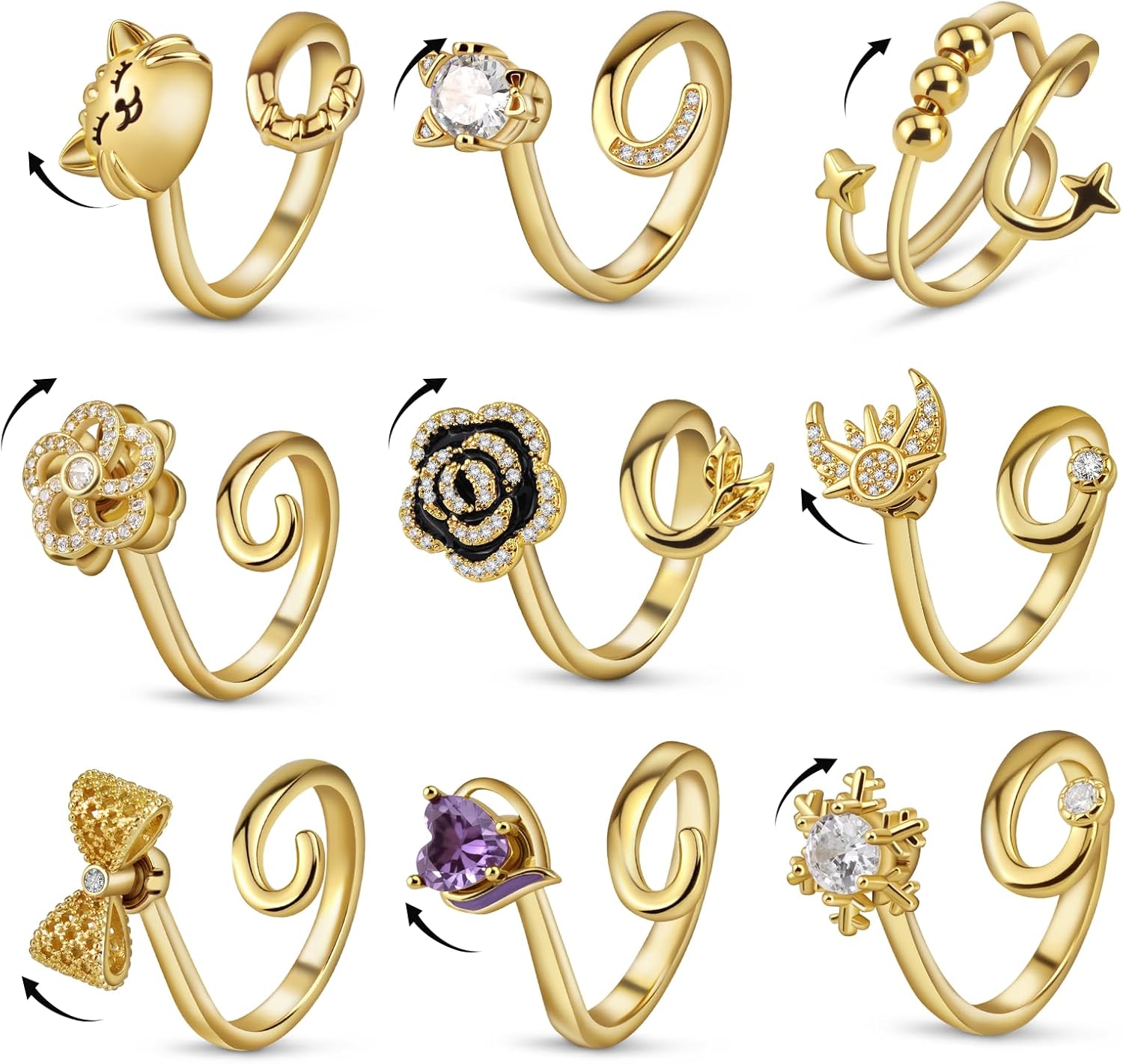 9 Pcs Fidget Rings for Women, Adjustable Spinner Anxiety Ring Set,Open CZ Cat Flower Star Moon Relief Spinning Rings for Adults