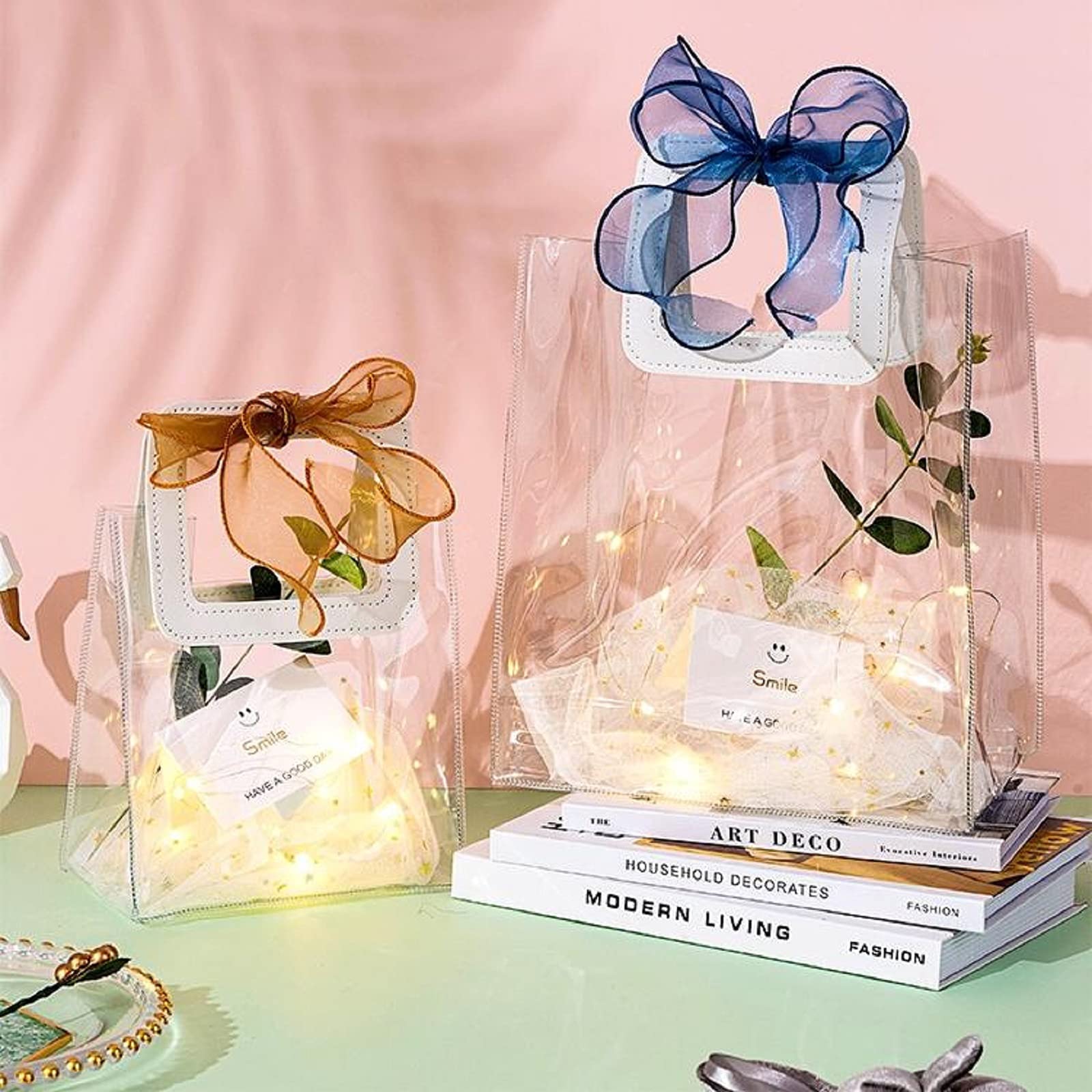 Rmannke Clear Gift Bag with Handle, 4 Pcs Transparent PVC Gift Bag, Heavy Duty Reusable Gift Wrap Bags for Bridal Party, Baby Shower, Wedding Favor, Shopping Bag Bulk- 7"x4" x8"