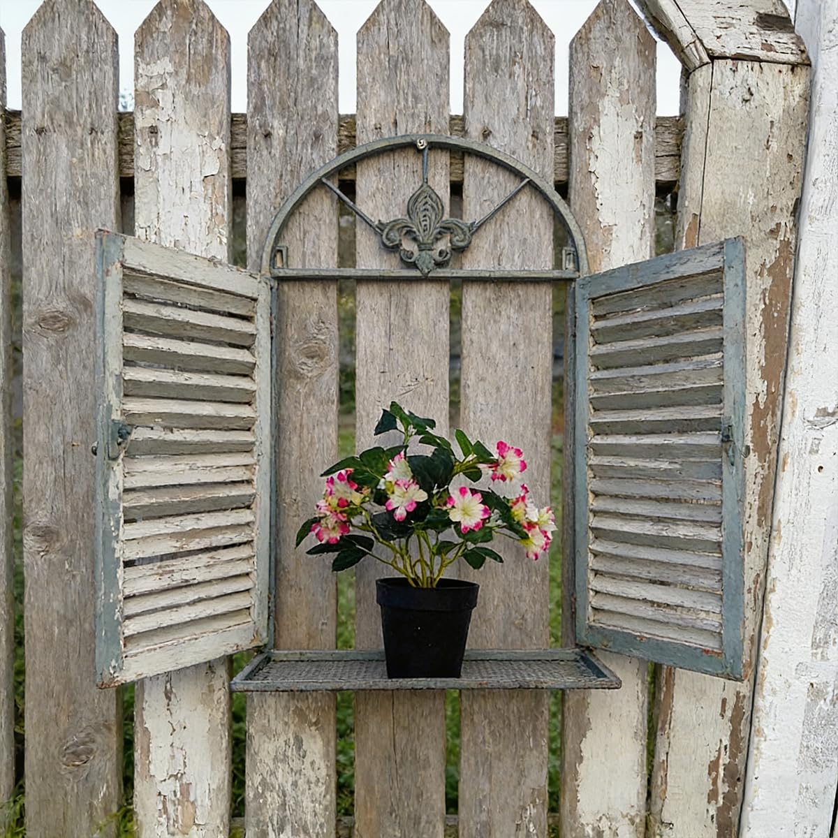 Rustikale Deko-Fenster mit Bogen zum Öffnen Sprossen-Fenster auf Platte Scheunenfenster Fensterrahmen Fensterladen Fenster Attrappe Metall Eisen Wanddekor für Gartendeko (Antik Grün)