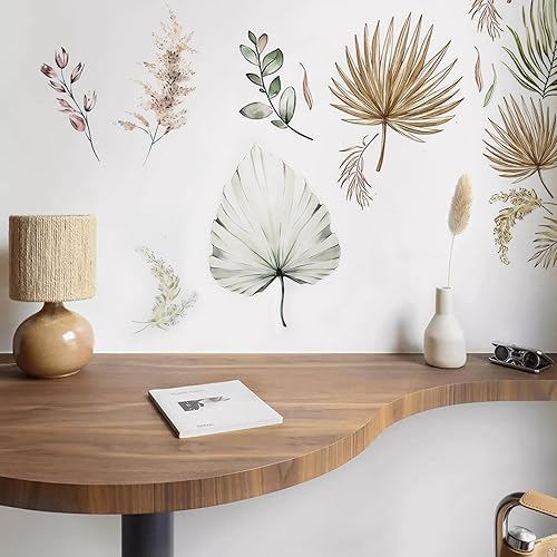 Miniatura 3 de TMGSK 2 hojas de calcomanías de pared de hojas de cardo de palma, estilo bohemio, removibles, plantas tropicales, hojas de árboles, flores,
