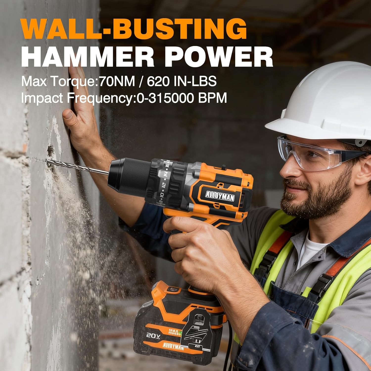 Alloyman 20V MAX Cordless Hammer Drill, Max 620 In-lbs, 31500BPM, Brushless Motor, 1/2" Keyless Metal Chuck, 20+3 Torque Settings, Impact Drill Kit for Drilling Brick Wall, Metal