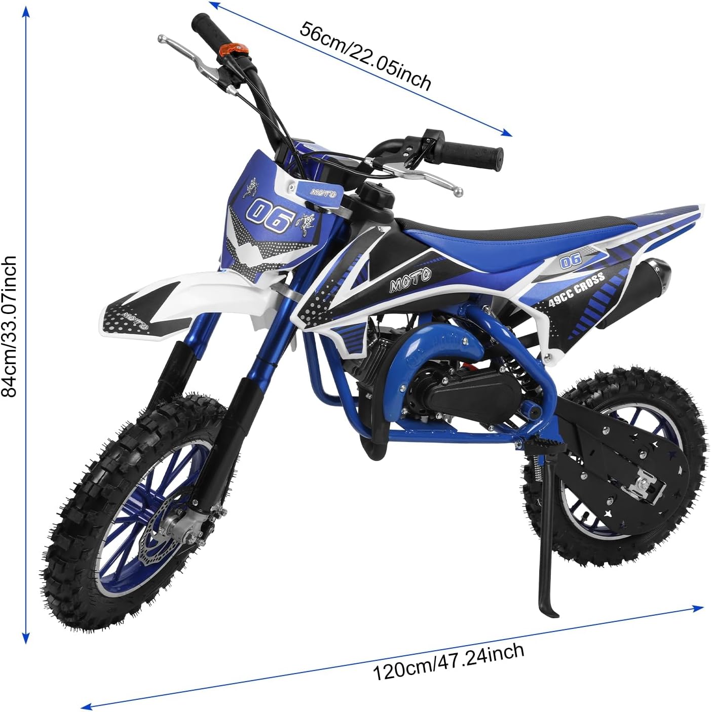 49cc Kids Dirt Bike, Gas Powered 2-Stroke Mini Motocross Motorcycle, Off-Road Dirtbike for Kids 5-12 with Front/Rear Disc Brakes, Shock Absorption, Soft Seat Cushion Blue White