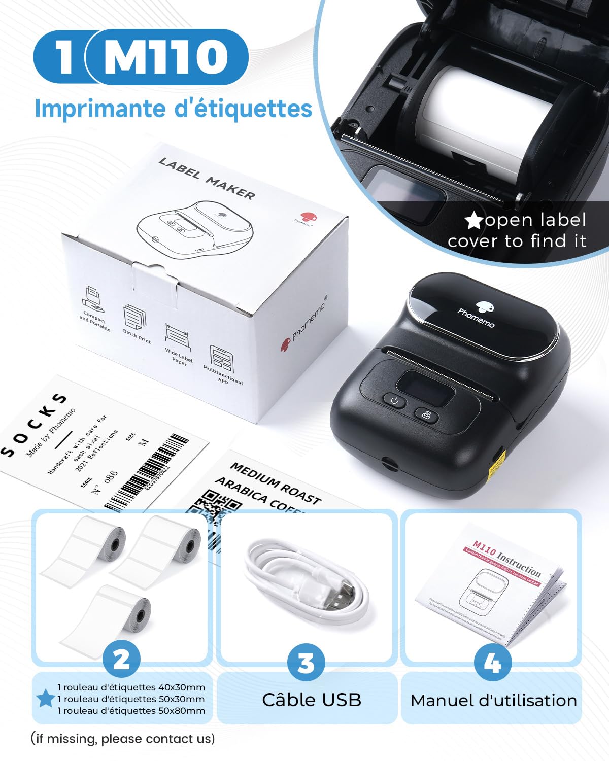 Phomemo M110 Imprimante Étiquette Autocollante Bluetooth, Set de 3 Rouleaux, Machine Étiquettes pour Téléphone et PC