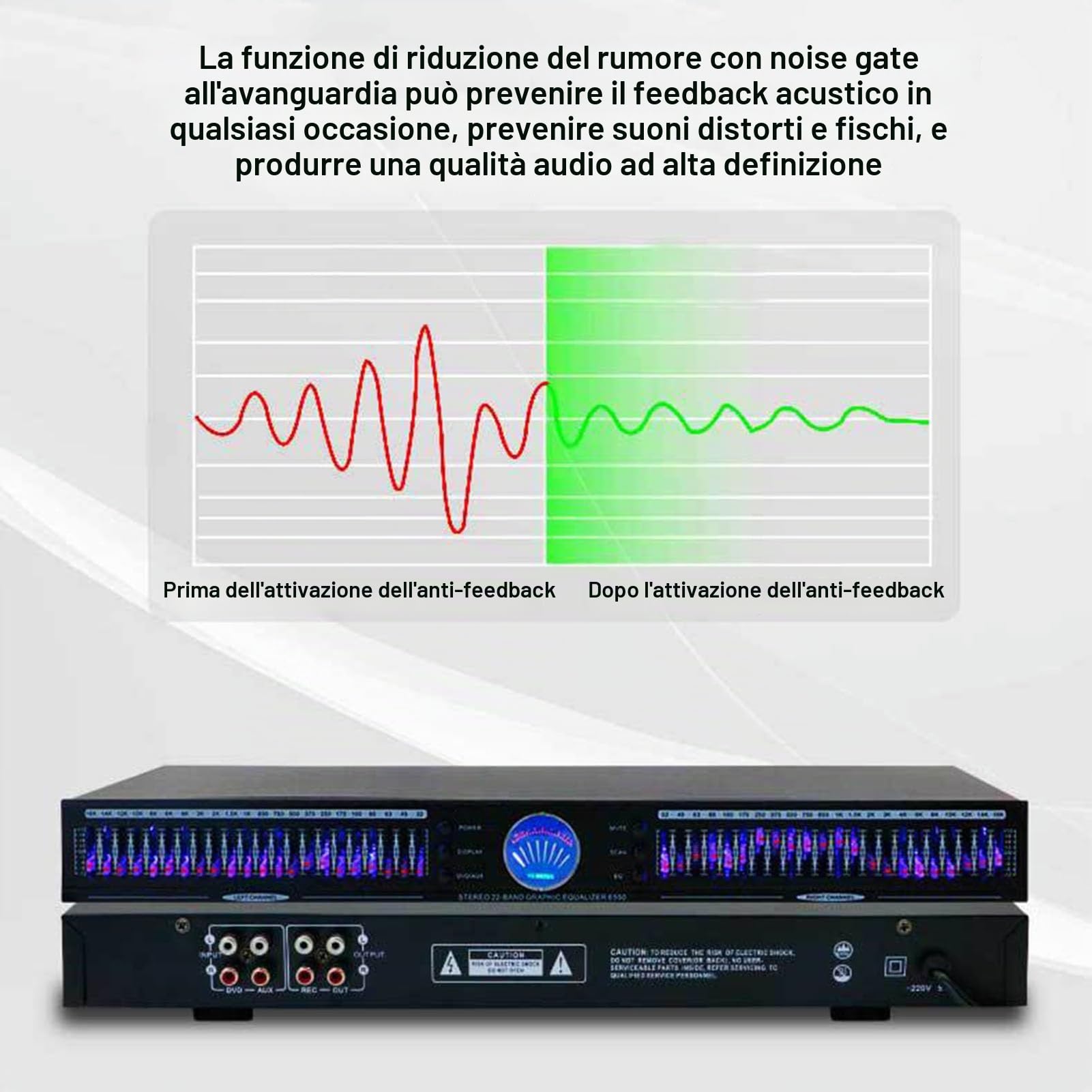 Equalizzatore Audio a 24 Bande, Equalizzatore Audio Digitale, con Display a Spettro LED, 10 Effetti Preimpostati, Riduzione del Rumore, Regolazione Bassi/Medi/Alti