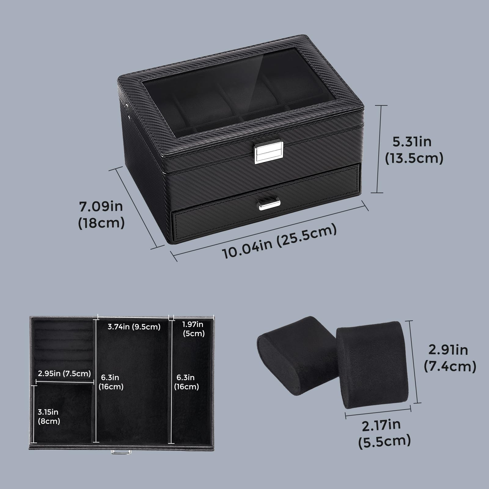ProCase 8 Slot Scatola Orologio per Gli Uomini, Gioielli Organizzatore Scatola con Cassetto, Mostra Custodia con Coperchio di Vetro -Tutto Nero