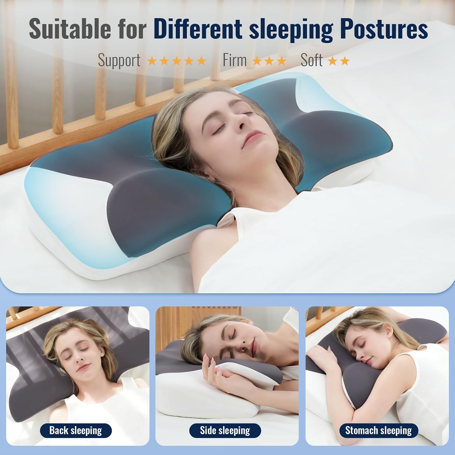 H&D Cervical Neck Pillow for Neck Pain Relief,Contour Orthopedic Pillow for Neck Support Comfort,Ergonomic Side Sleeper Pillow for Sleeping,Cooling Memory Foam Pillows for Back&Stomach Sleepers