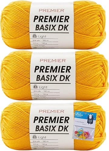 Premier Yarns - Ovillo de lana Basix DK, 3.5 onzas, peso #3 ligeroDK, paquete de 3 unidades con marcadores de puntada Bella's Crafts (bronceado)