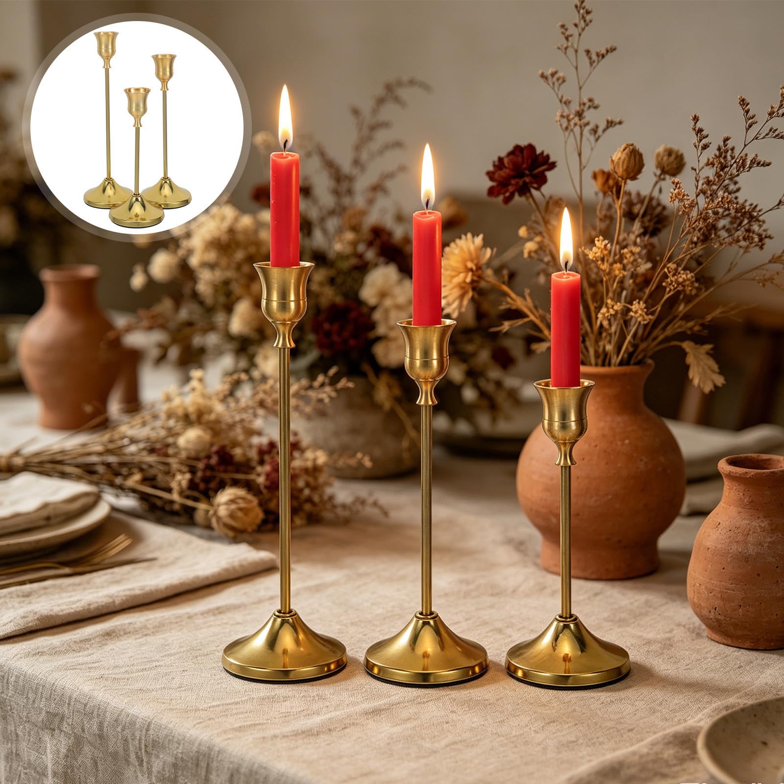 Mikikit Vintage Kerzenhalter für Stabkerzen aus Aluminiumlegierung 30 Stück Goldfarben mit Sicherem Kerzensitz und Minimalem Wachstropfen für Schlafzimmer und Dinnerpartys