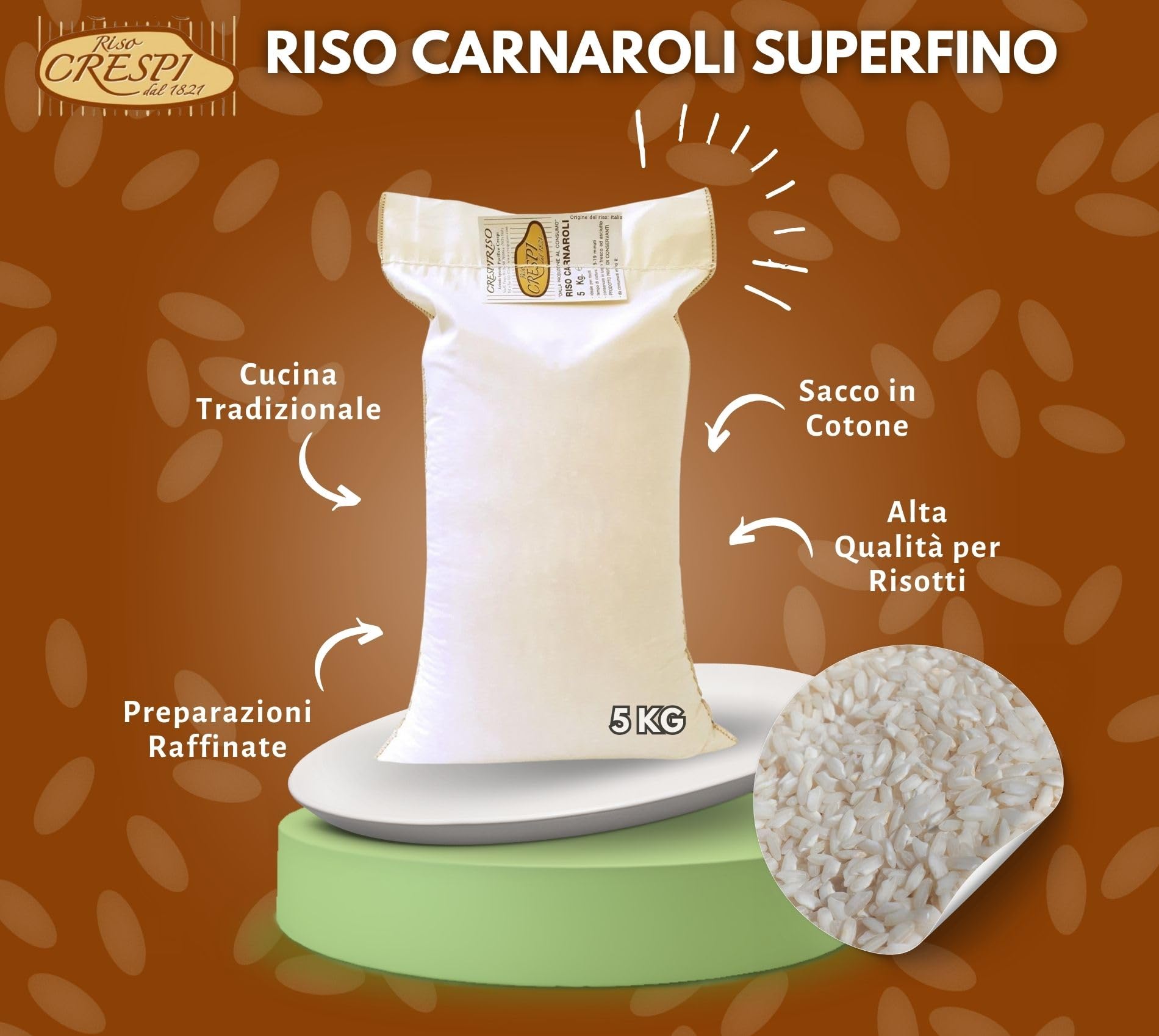 Crespiriso - Riso Carnaroli Superfino Italiano 5kg in Sacco di Cotone Tradizionale - Riso di Alta Qualità per Risotti, Piatti Gourmet, Cucina Tradizionale, e Preparazioni Raffinate