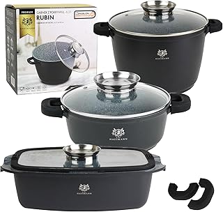KARL HAUSAMNN Set de Casseroles Induction Noir - 3 Mange - 4.4 + 5.5 + 6.2 L - Batterie de Cuisine Fonte d'Aluminium - Marmite Couvercle en Verre - Casserole Tous Feux - Revêtement Antiadhésif
