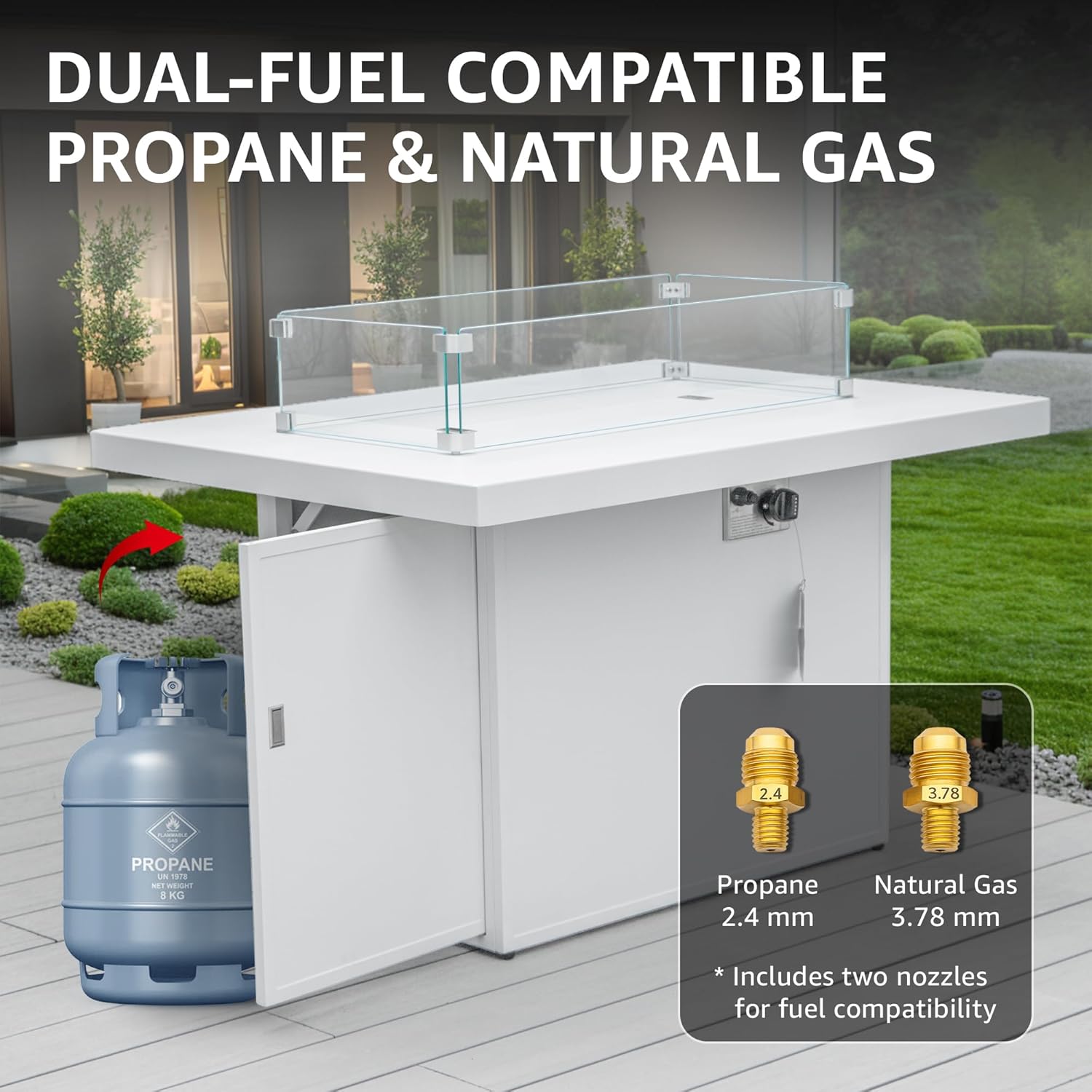 BULEXYARD 43" Aluminum Outdoor Propane Fire Pit Table, 60,000 BTU Rectangular Firepit Coffee Table with Wind Guard & Glass Stone, Large CSA Safety Approved Fireplace for Backyard Deck Garden, White