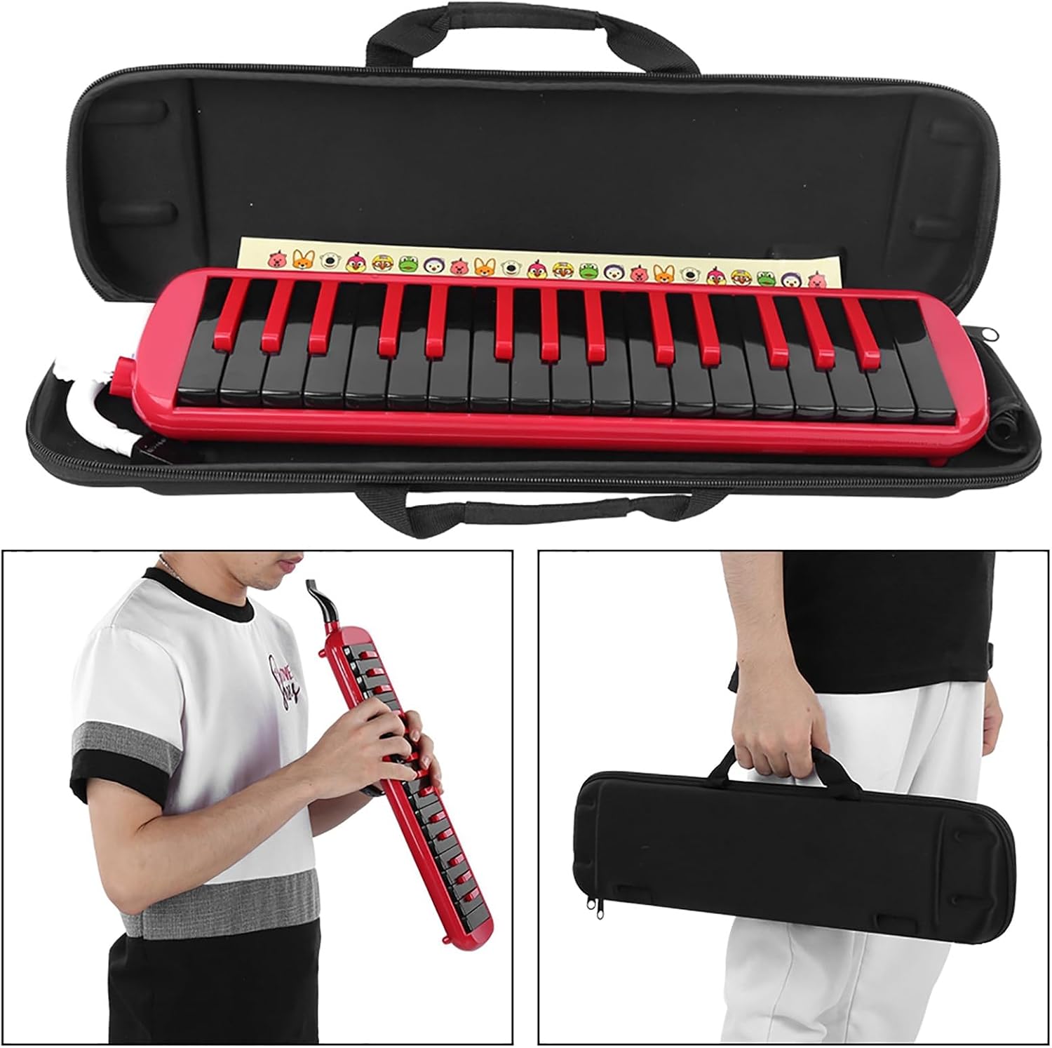Melodica 32 Key Wind Musical Instrument, Blue Melodica for Beginners, 32 Keyboard with, Portable with B Base and Phosphor (Red)