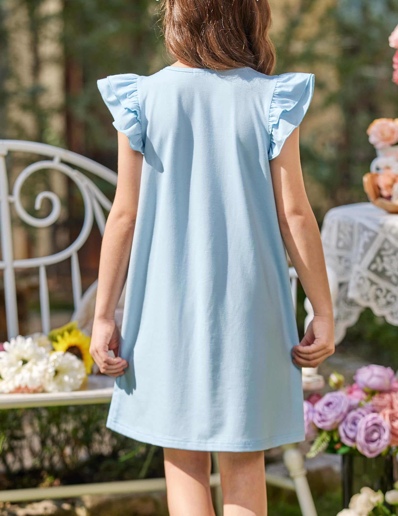 Arshiner Camisón para Niña con Mangas Volantes Vestido de Dormir para Niñas Verano Pijama de Manga Corta Cuello Redondo 5-14 Años - 3